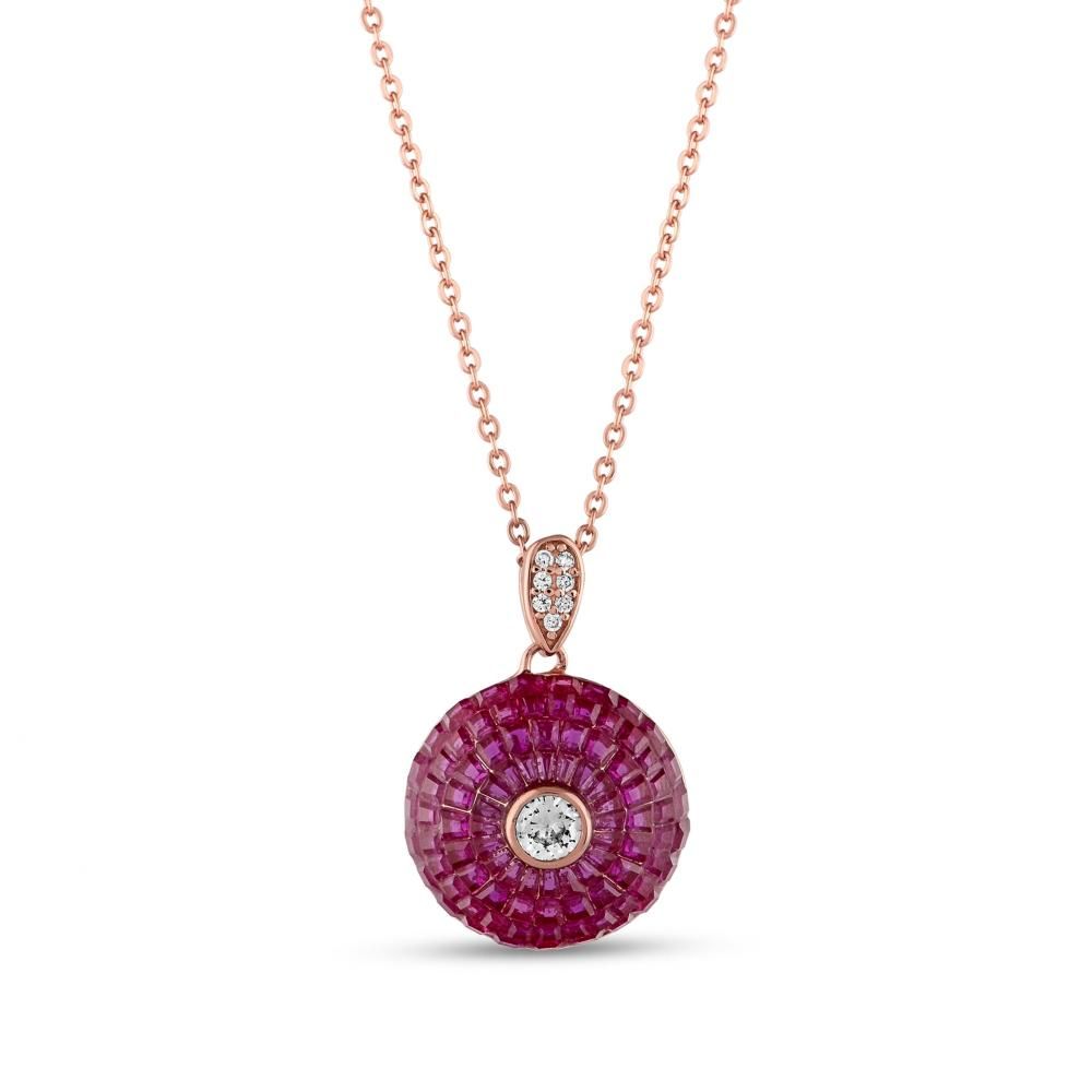 Eclat Pink Round Rose Gold Plated Small Silver Necklace