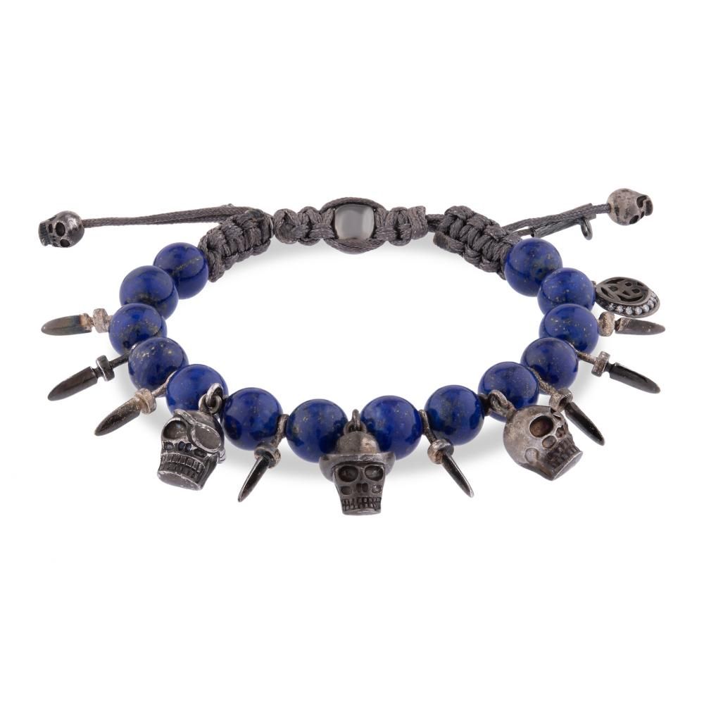 Shamballa Doğal Lapis Lazuli Taşlı Kurukafa Charm Erkek Gümüş Bileklik