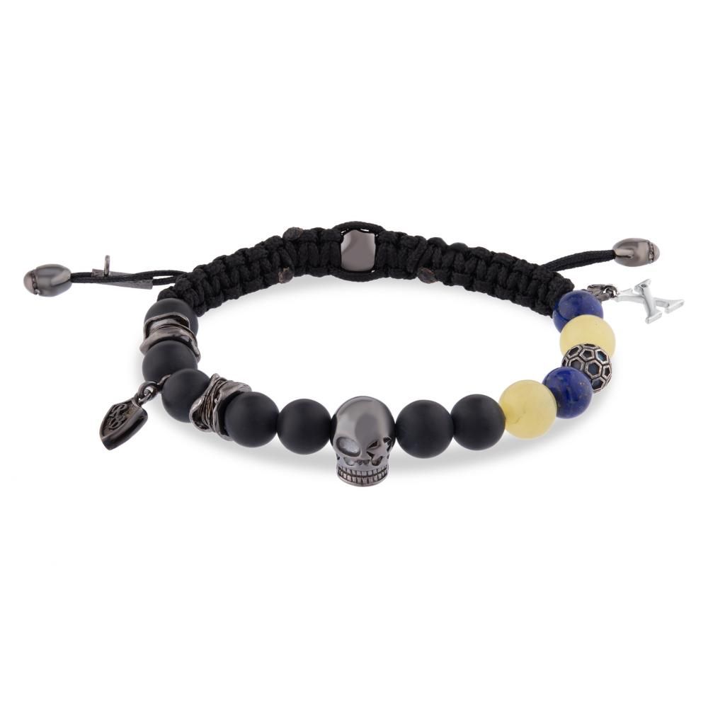 Shamballa Yellow Navy Natural Stone Skull Charm Men's Bracelet