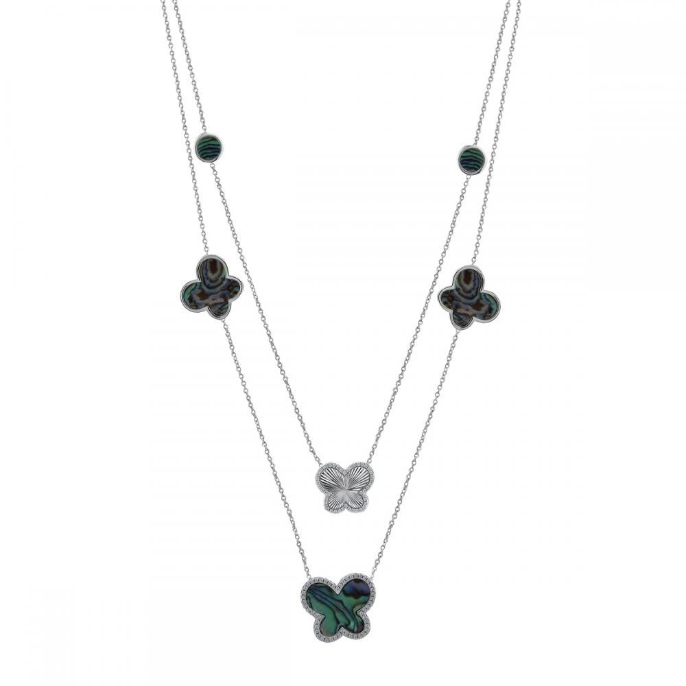 Lucky Gems Collection Abalone Stone Layered Butterfly Silver Necklace