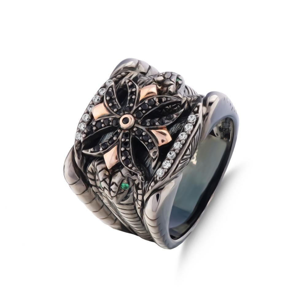 Bravoman Black Floral Design Silver Ring