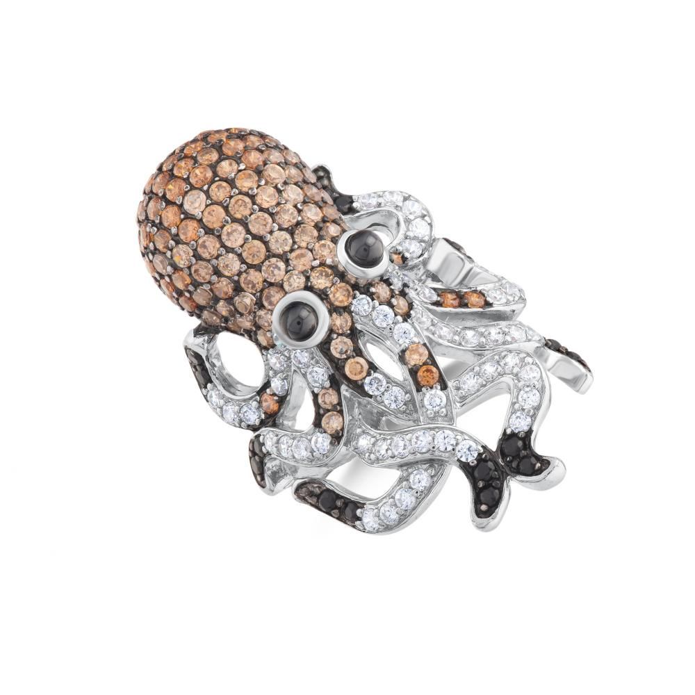 Dream Jungle Collection Stone-Embellished Realistic Octopus Silver Ring