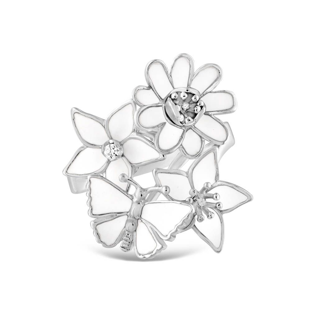 White Dreams White Enamel Flower and Butterfly Figure Silver Ring 2
