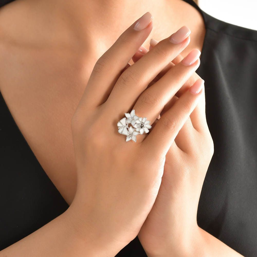 White Dreams White Enamel Flower and Butterfly Figure Silver Ring 3