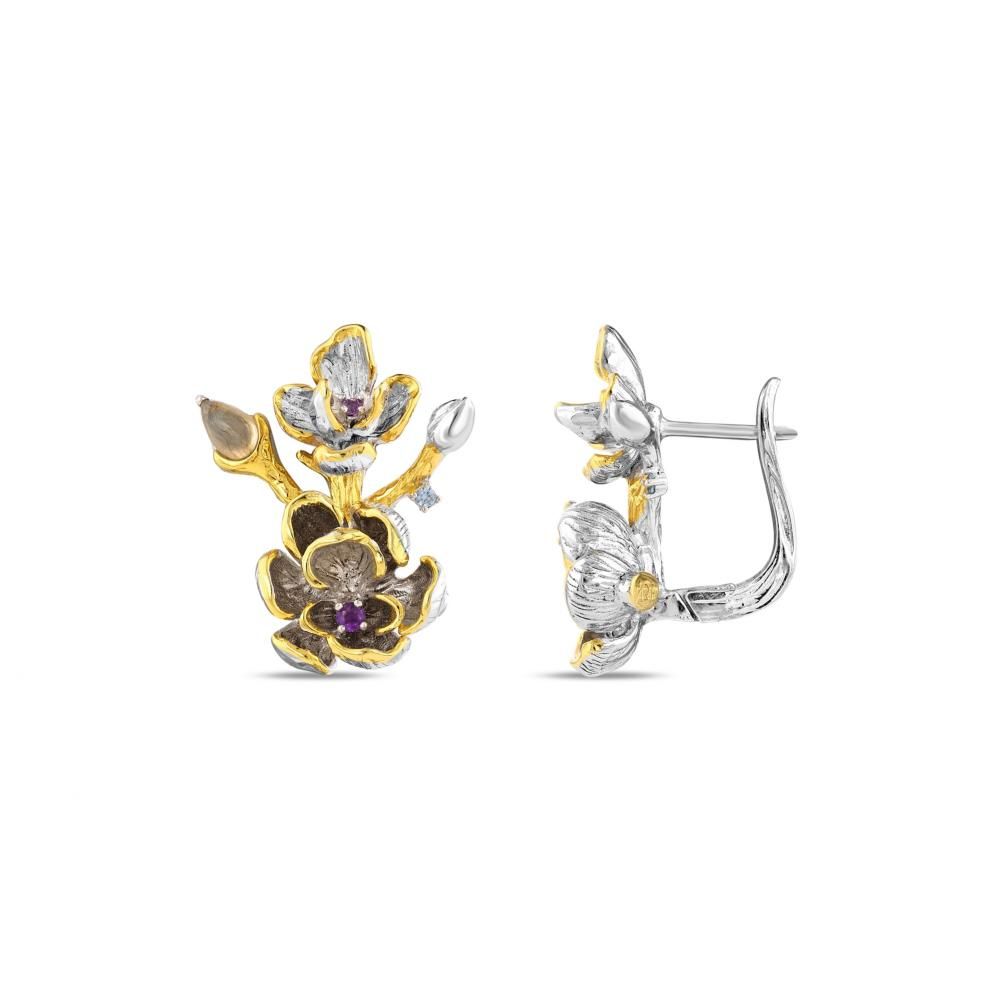 Kaleidoscope Collection Purple &amp; Blue Stone Flower Branch Silver Earrings