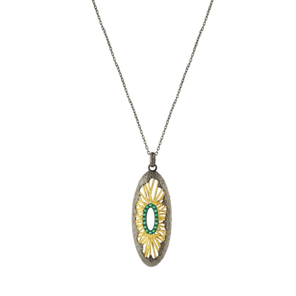 Kaleidoscope Collection Black Plated Yellow Detail Green Stone Silver