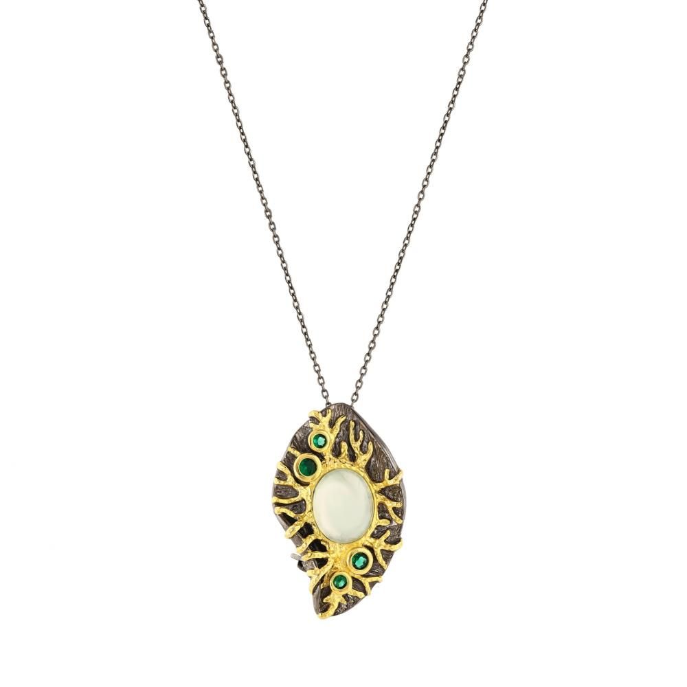 Kaleidoscope Collection Green &amp; White Stone Oval Coral Silver Necklace