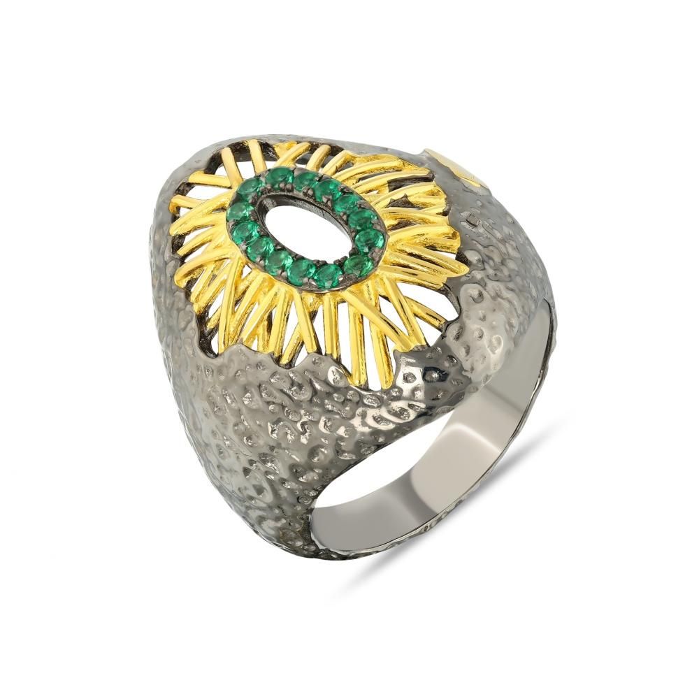 Kaleidoscope Collection Black Plated Green Stone Silver Ring
