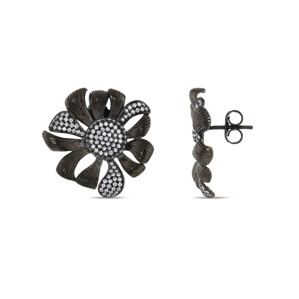 Kaleidoscope Collection Night Black Stone Elegant Flower Figure Silver Earrings