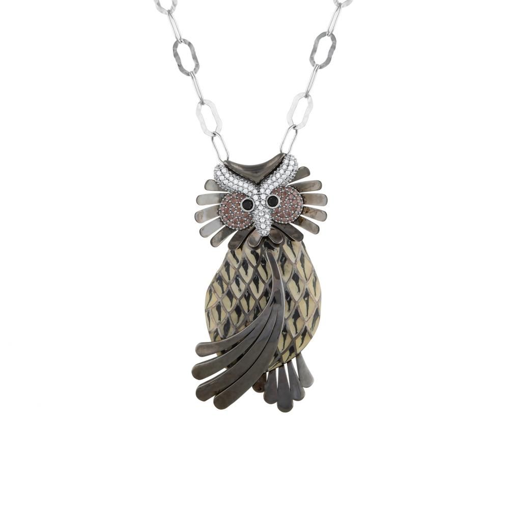 Dream Jungle Collection Paperclip Chain Stone and Enamel Owl Figure Silver