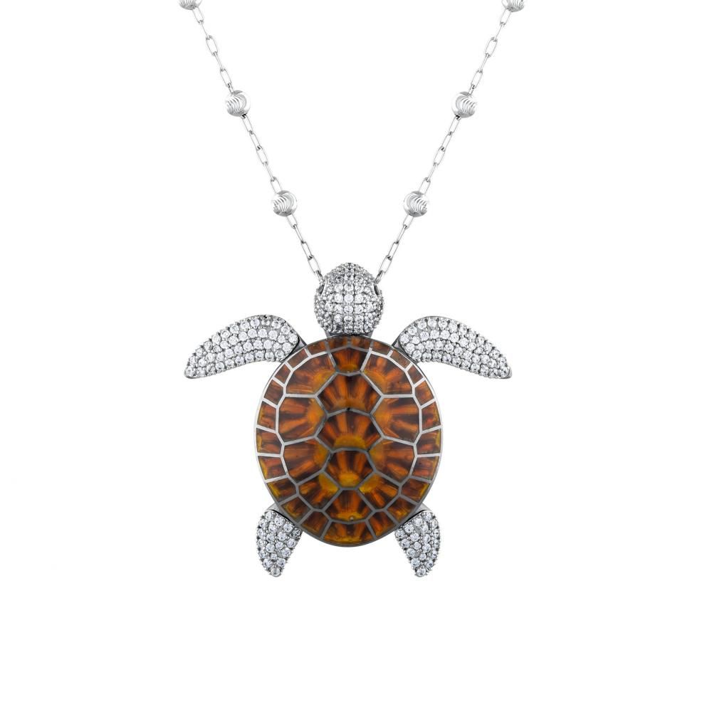 Dream Jungle Collection Brown Enamel Sea Turtle Silver Necklace