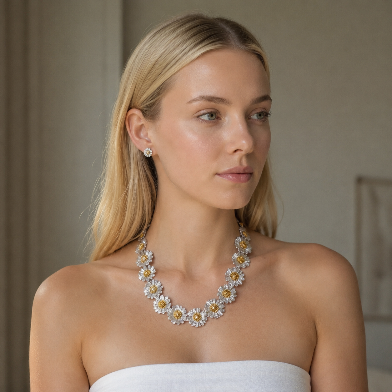Flowers Collection Multi-Flower Shaped Silver Necklace with Gold Details