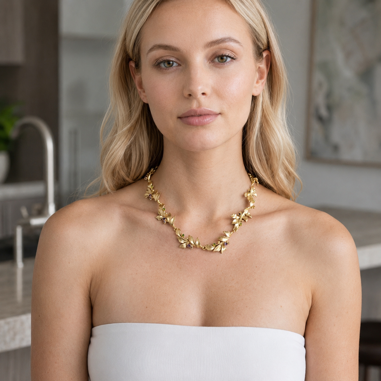 Flowers Collection Gold-Tone Silver Necklace with Colorful Stone Details, Flower and Leaf Motif