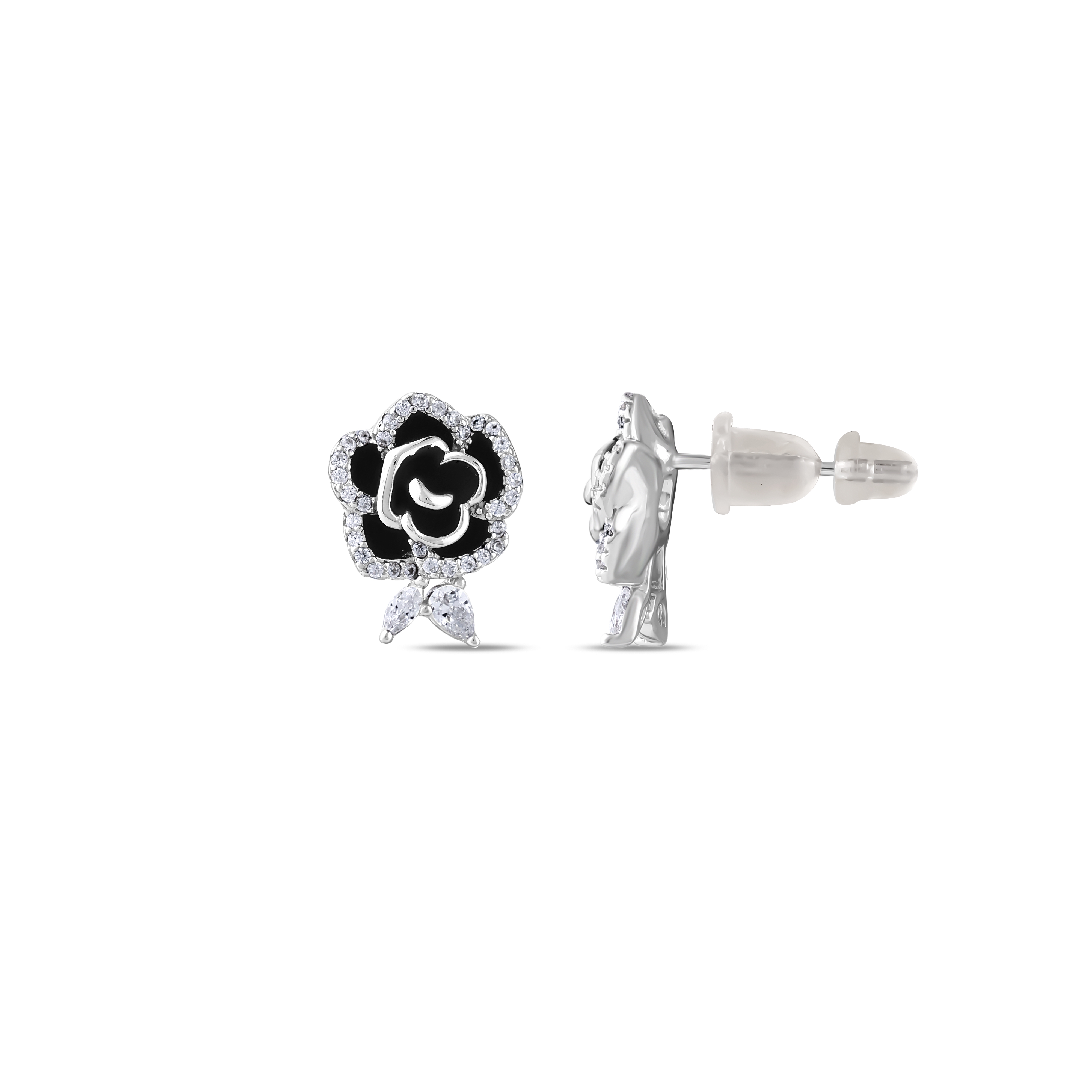 Серьги-подвески Gift Collection из серебра с черной эмалью, камнями и деталями в виде листьев