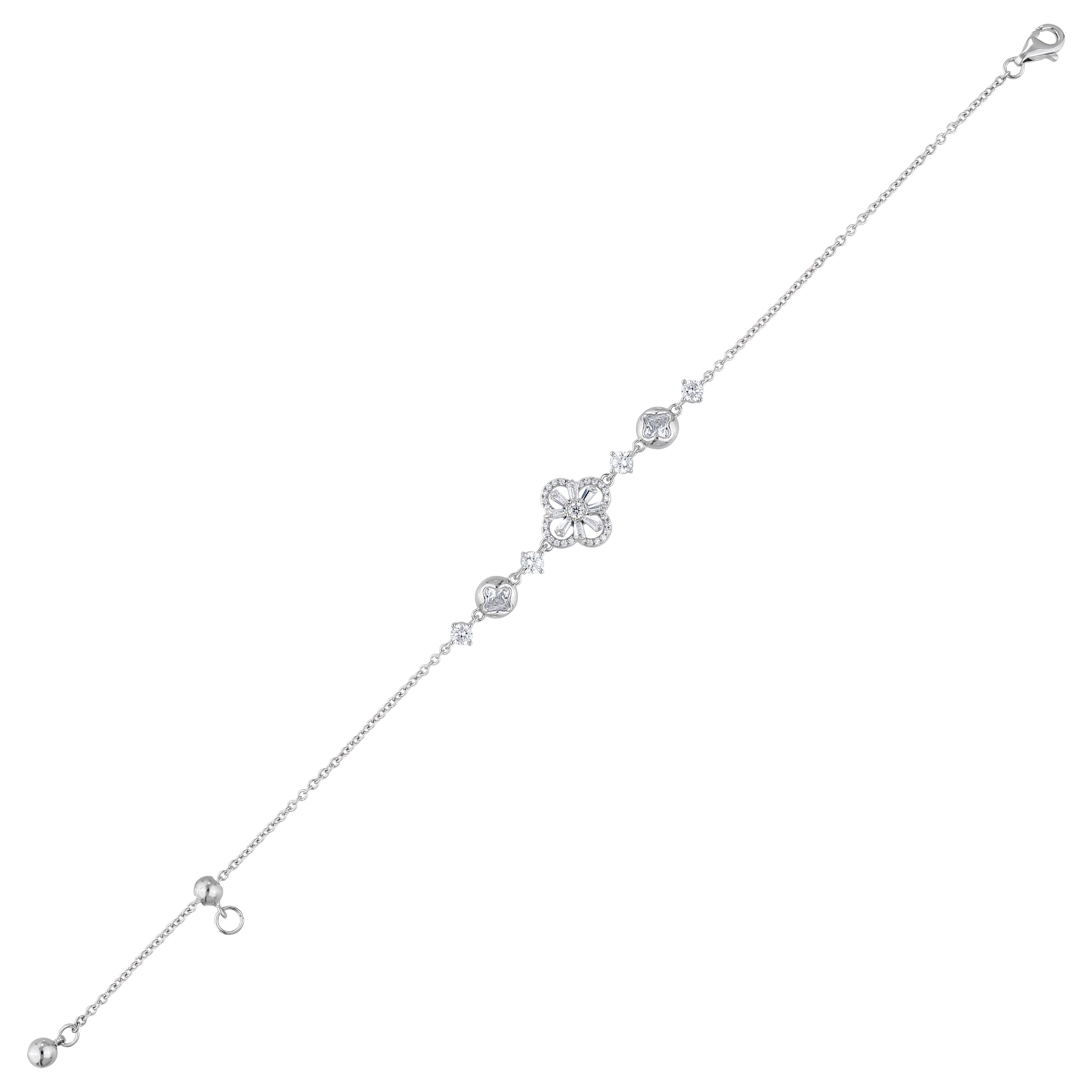 Gift Collection Four-Leaf Clover Motif Zircon Stone Silver Chain Bracelet