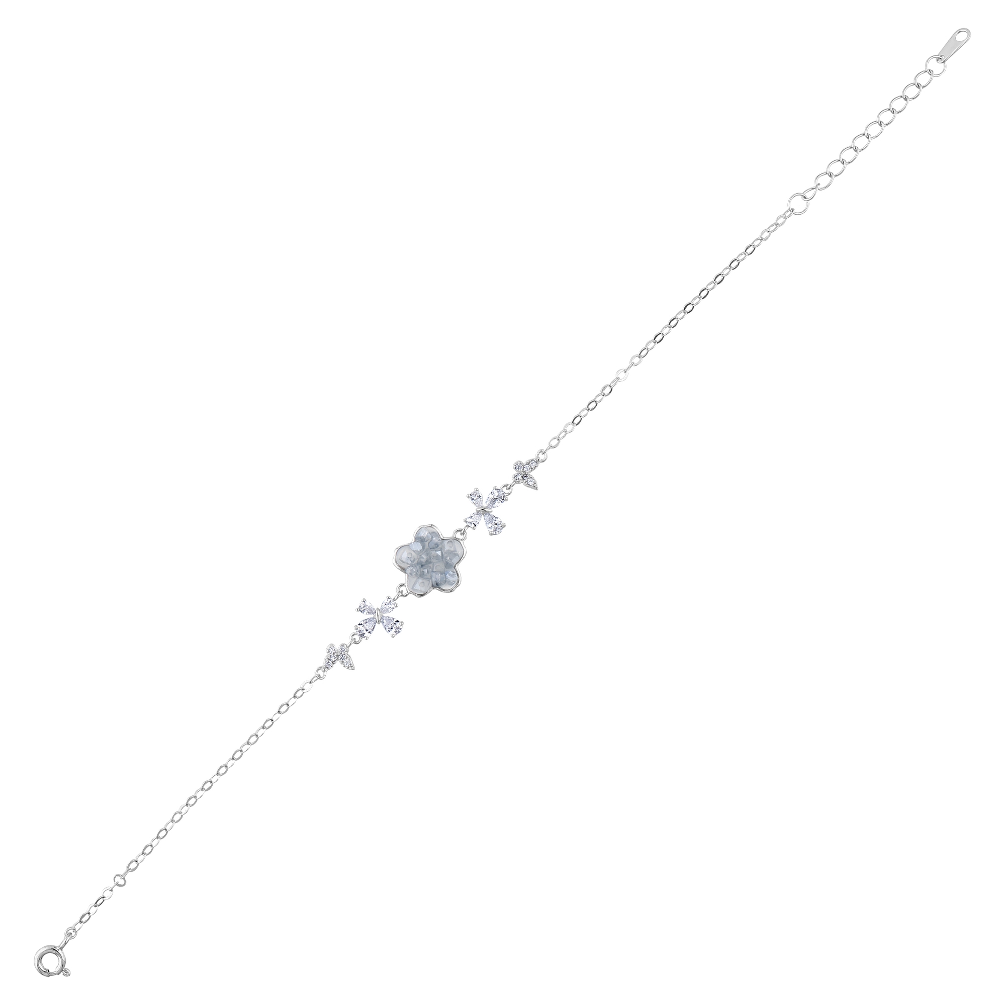 Gift Collection Mother-of-Pearl Flower and Butterfly Motif Zircon Stone Silver Bracelet