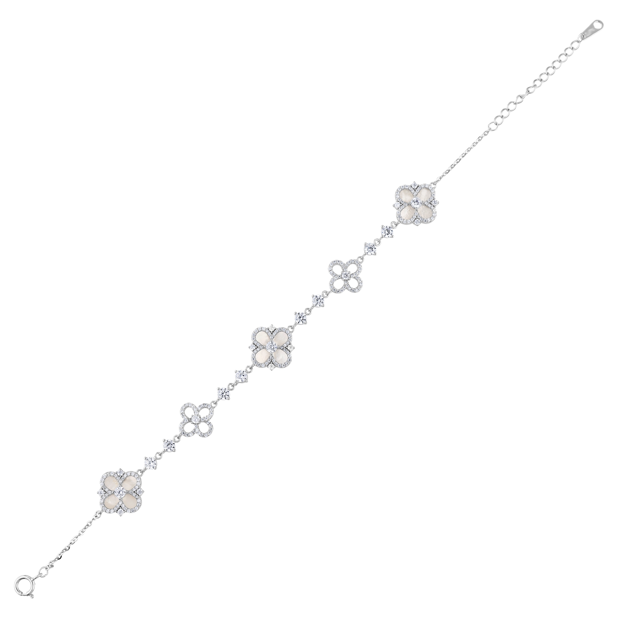 Gift Collection Mother-of-Pearl and Zircon Stone Four-Leaf Clover Silver Women's Bracelet