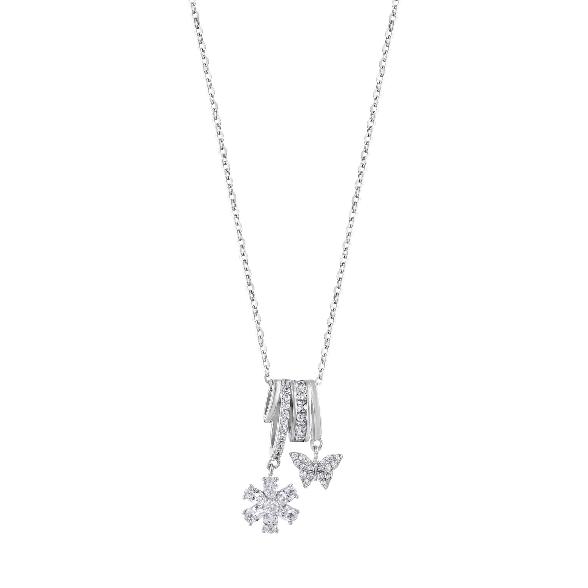 Женское серебряное колье Gift Collection с несколькими кольцами, бабочками, цветами и цирконами
