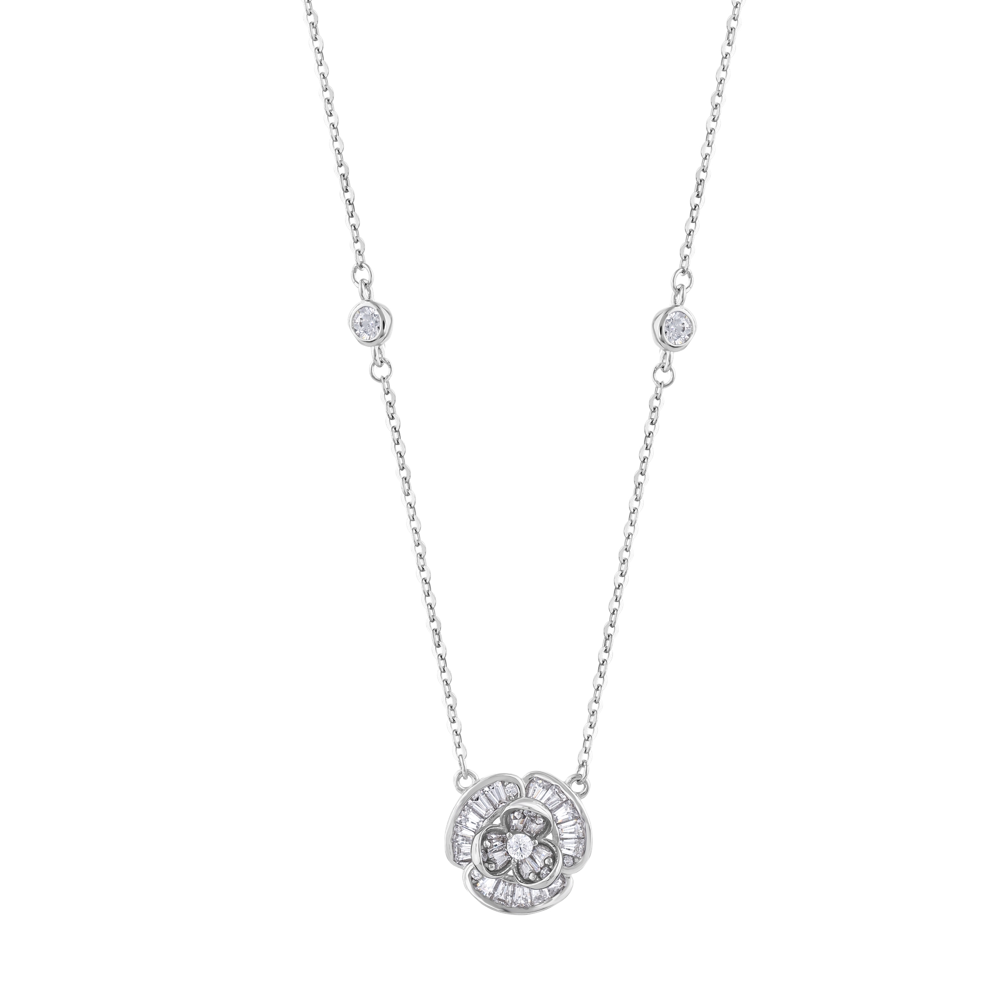 Серебряное женское колье Gift Collection с розовым мотивом, багетом и круглыми камнями