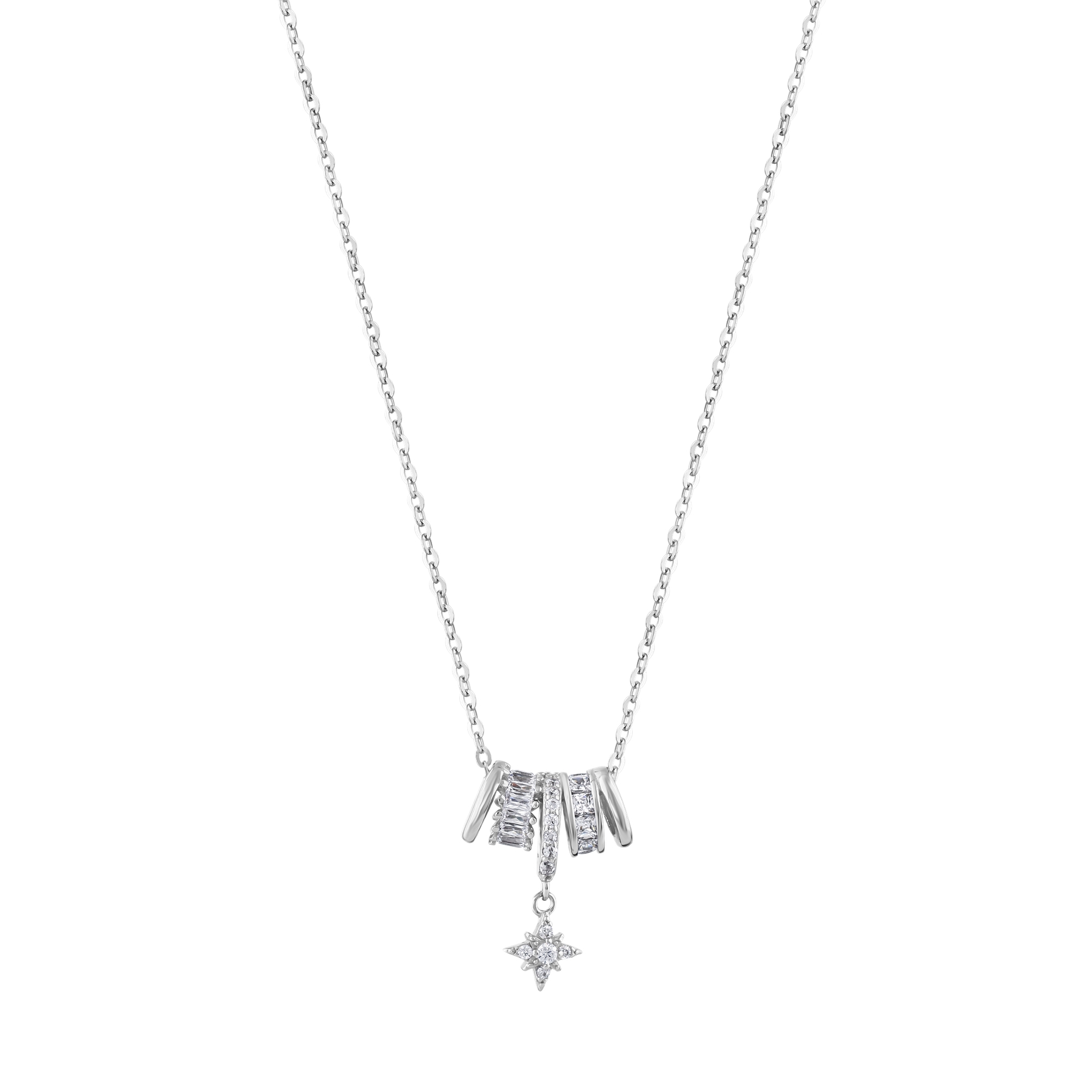 Женское серебряное колье Gift Collection с подвеской в виде звезды, множеством колец и камнями багетной огранки