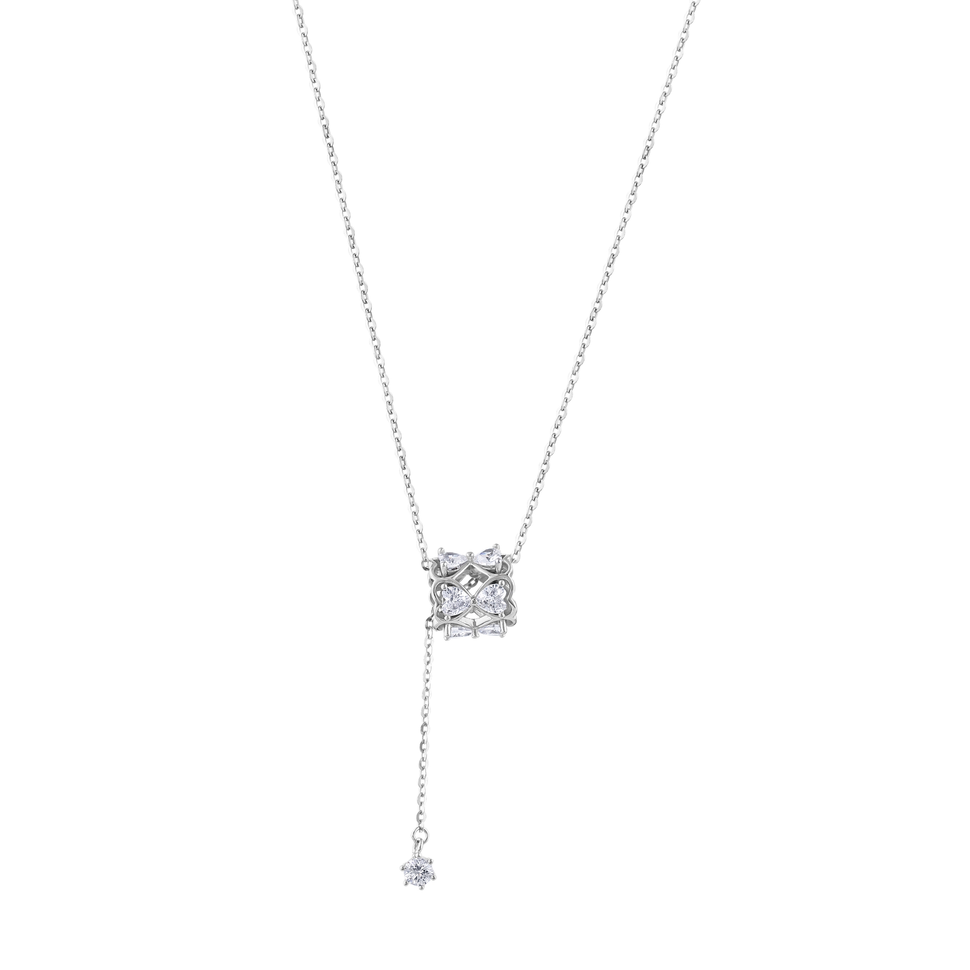 Gift Collection 3D Cage Design Solitaire Drop Silver Y Necklace
