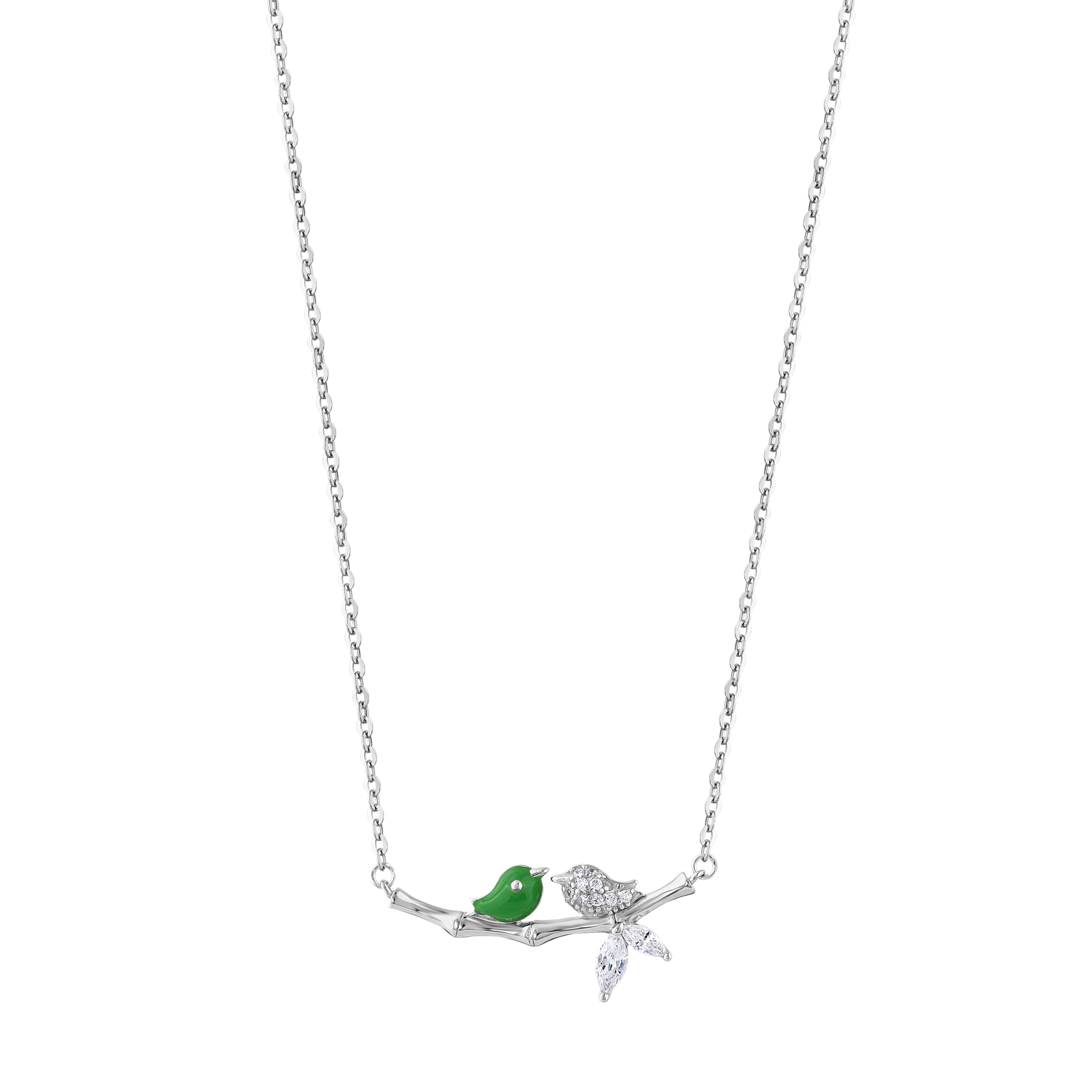 Женское серебряное колье Gift Collection с двумя птицами, зеленой эмалью и цирконием