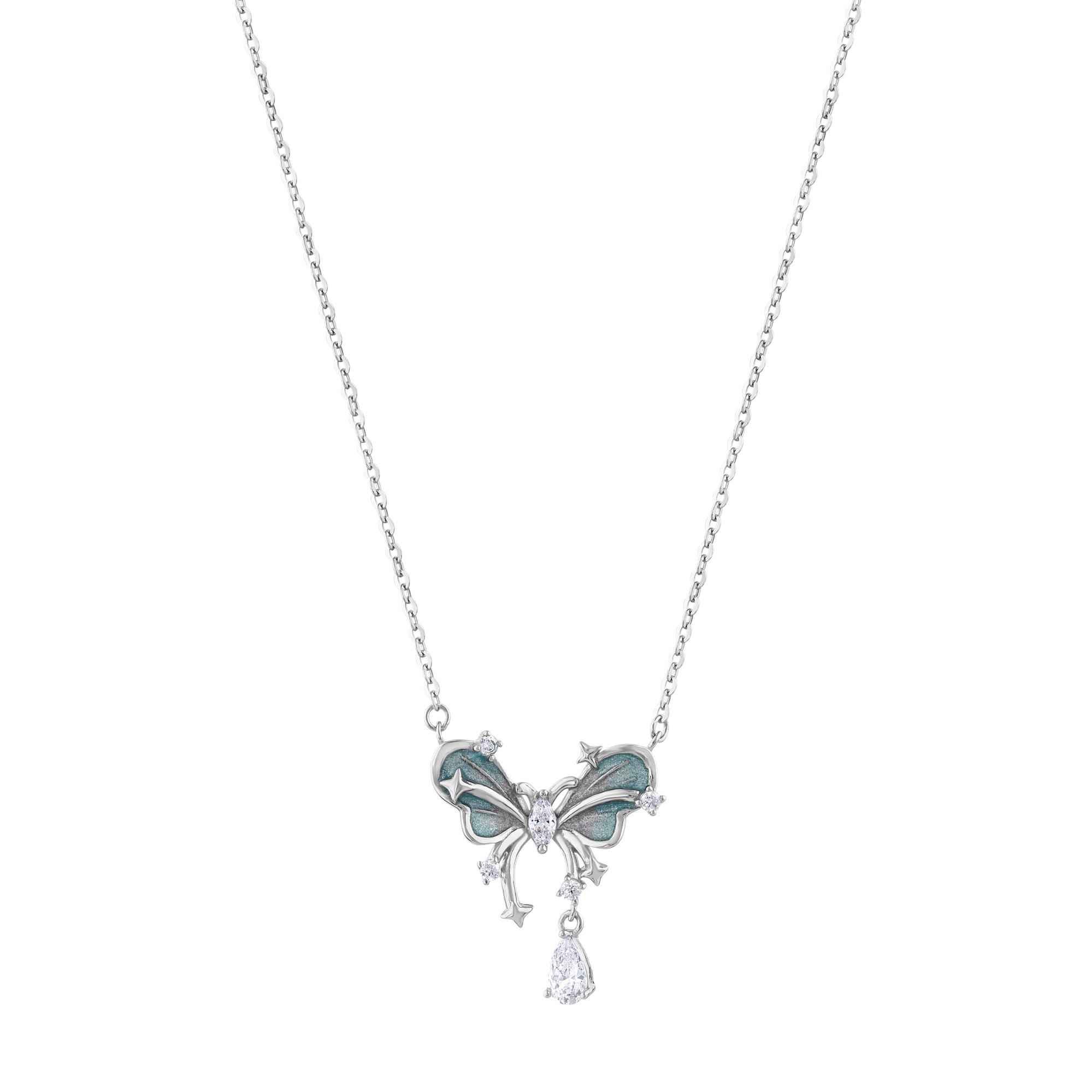 Gift Collection Blue Enamel Dangle Teardrop Stone Butterfly Silver Women's Necklace