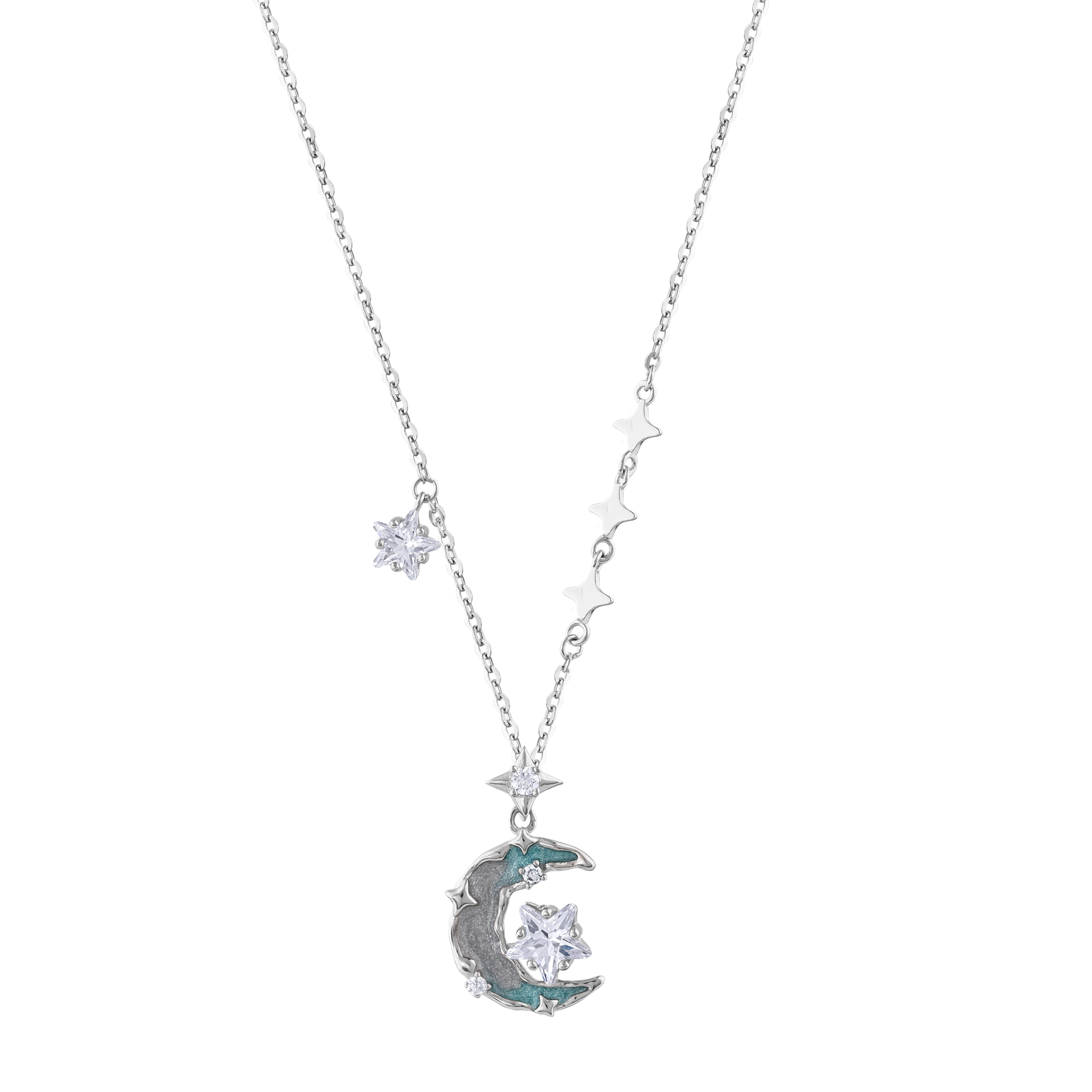 Gift Collection Colorful Enamel Moon and Star Cut Zircon Stone Silver Women's Necklace