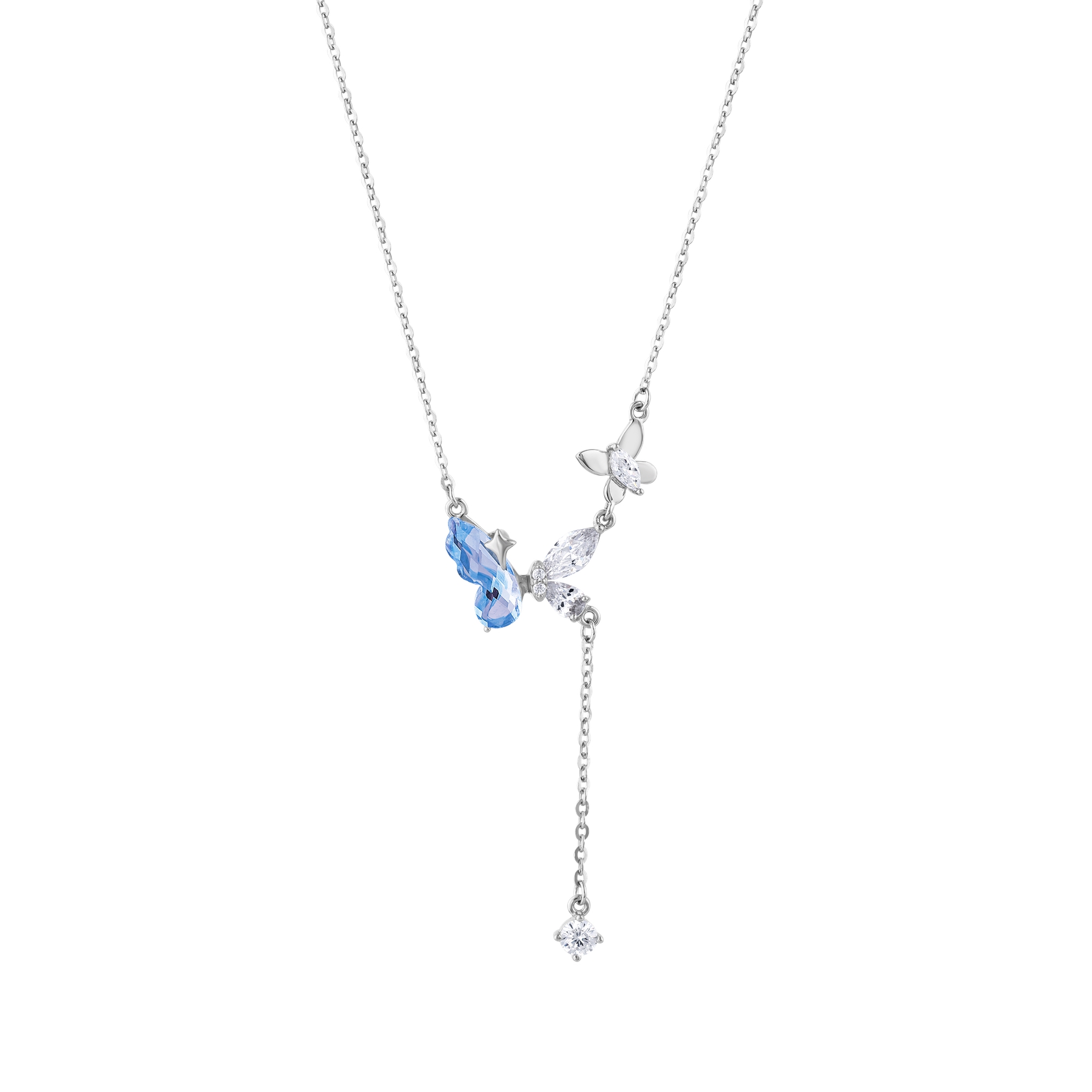Серебряное Y-образное колье Gift Collection с синим камнем и асимметричной бабочкой