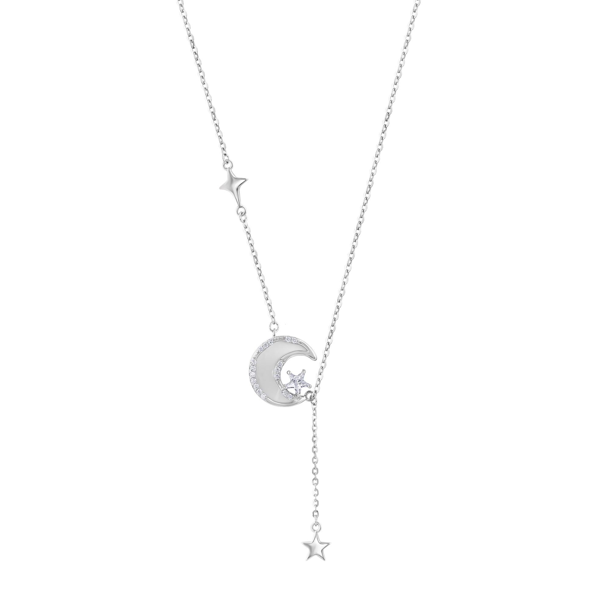 Gift Collection Mother-of-Pearl Moon and Star Detailed Zircon Stone Silver Y Necklace