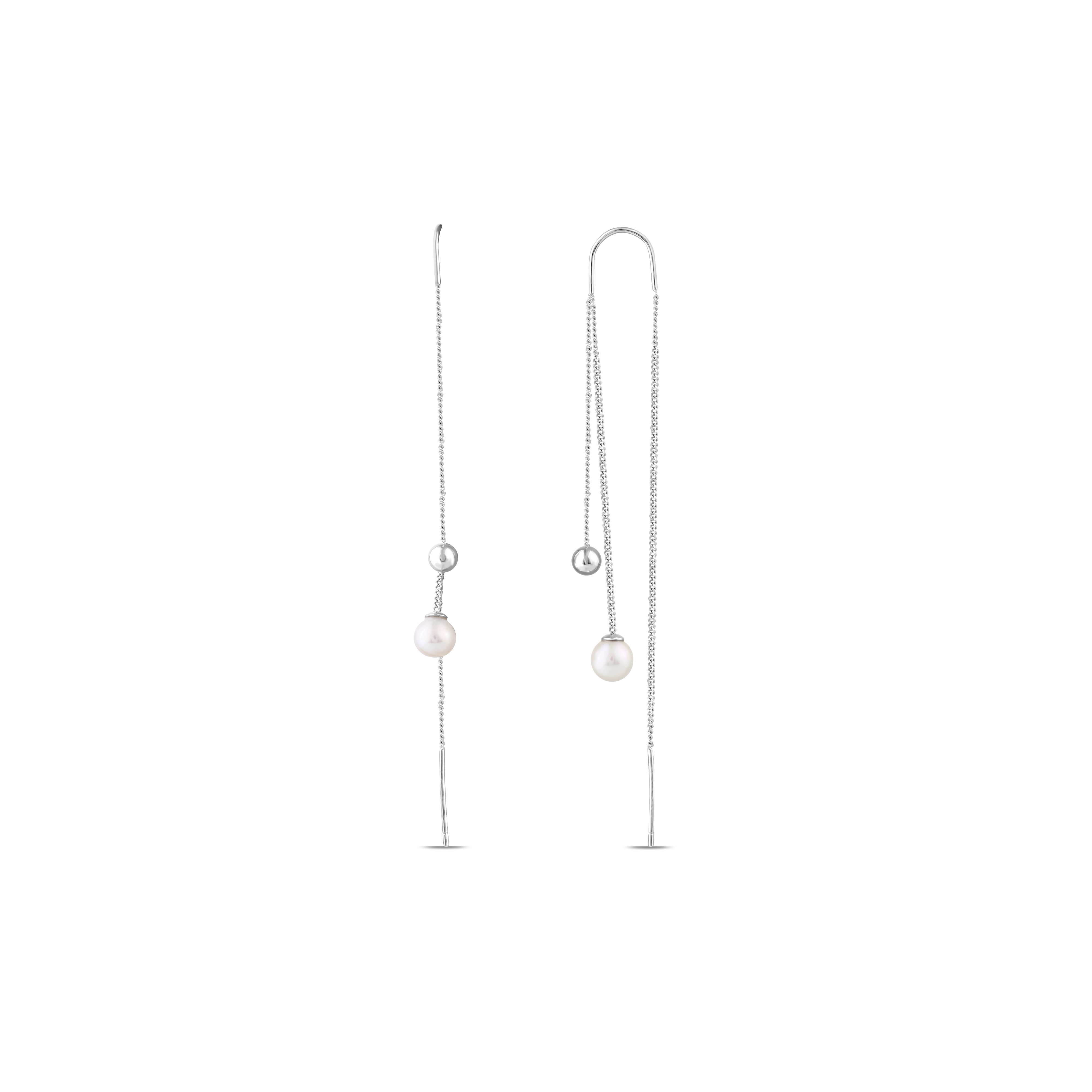 Серьги-цепочки с U-образным крючком из коллекции Gift с жемчугом и серебряными шариками