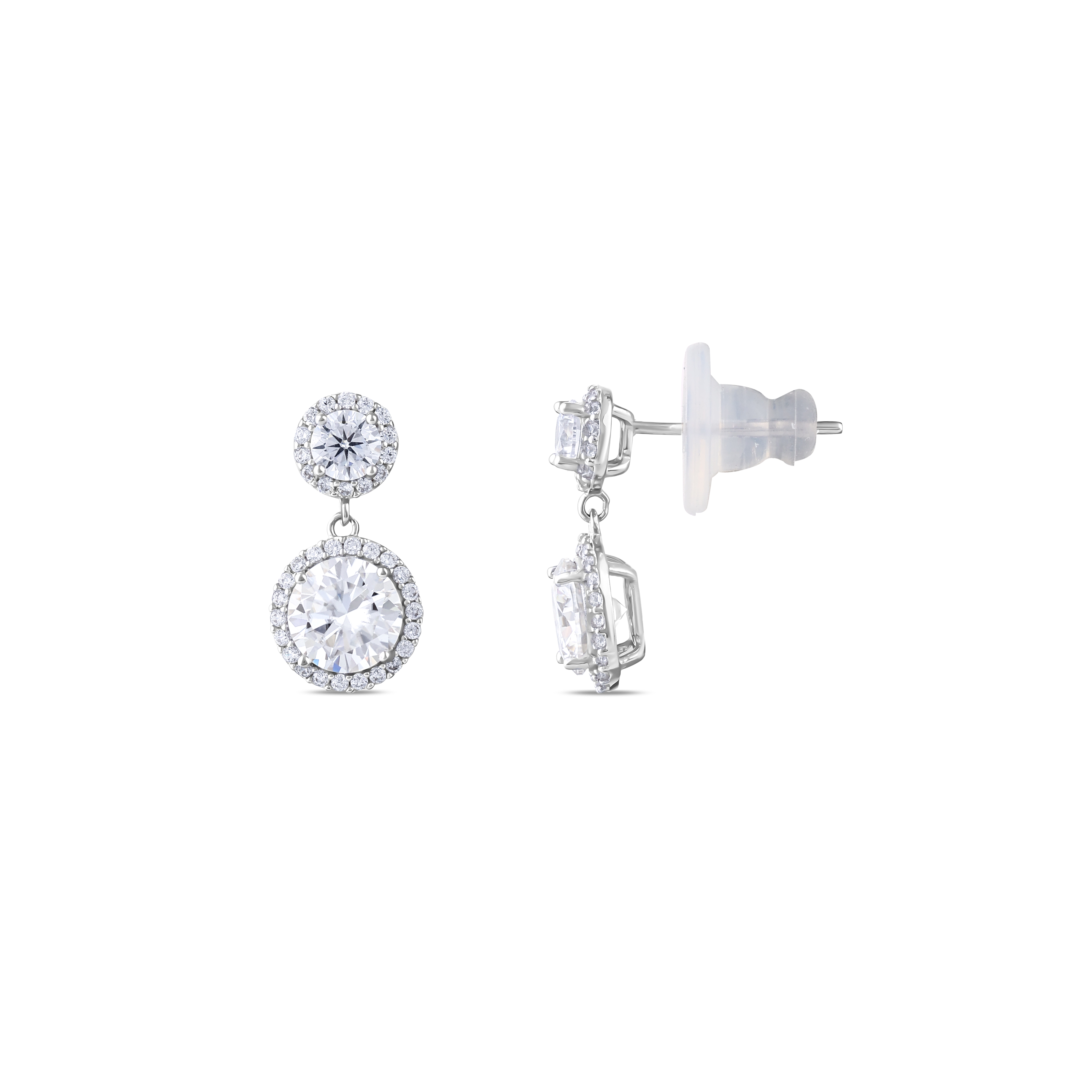 Gift Collection Double Round Halo Form Dangle Silver Earrings