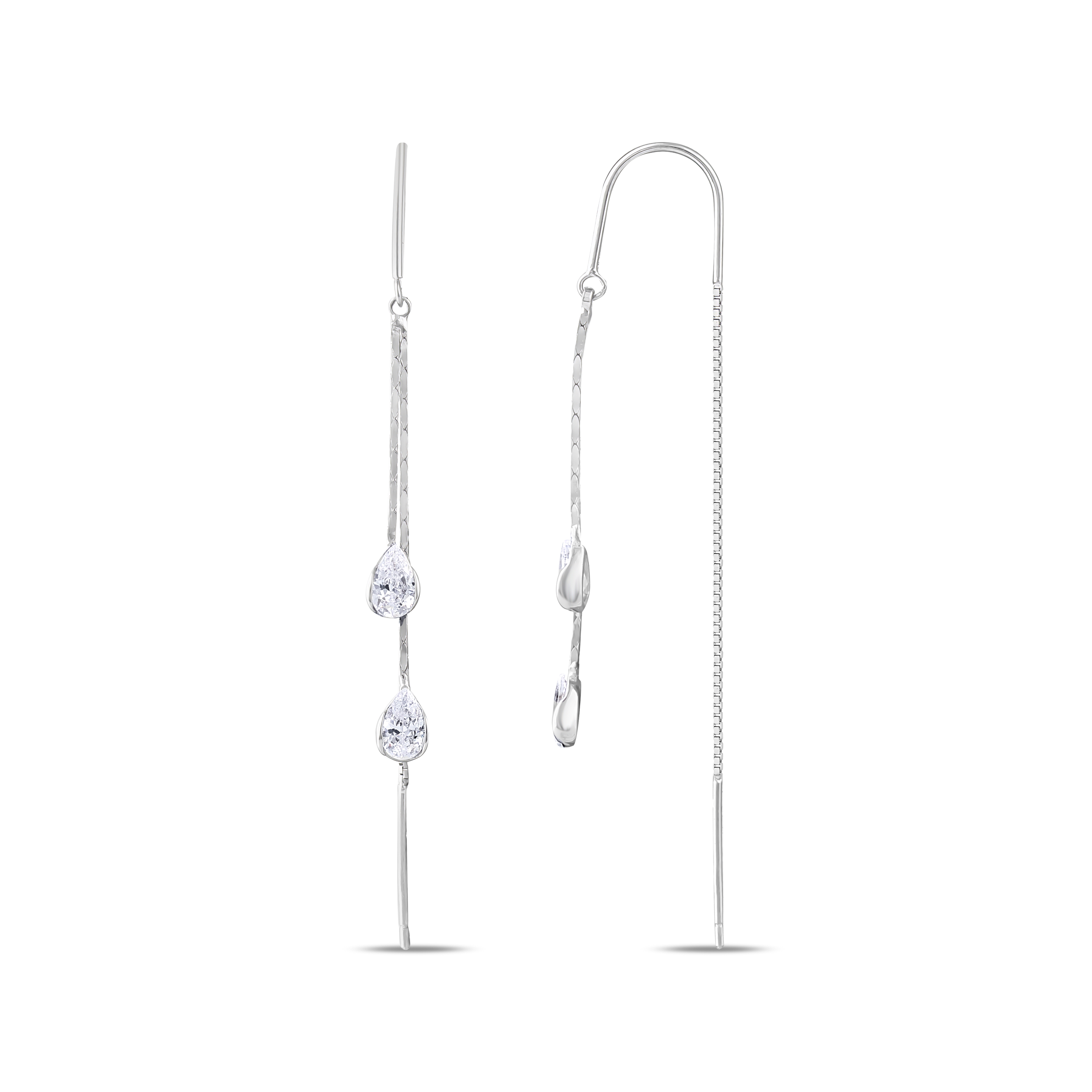 Серебряные серьги-подвески Gift Collection с двумя каплями камней на тонкой цепочке