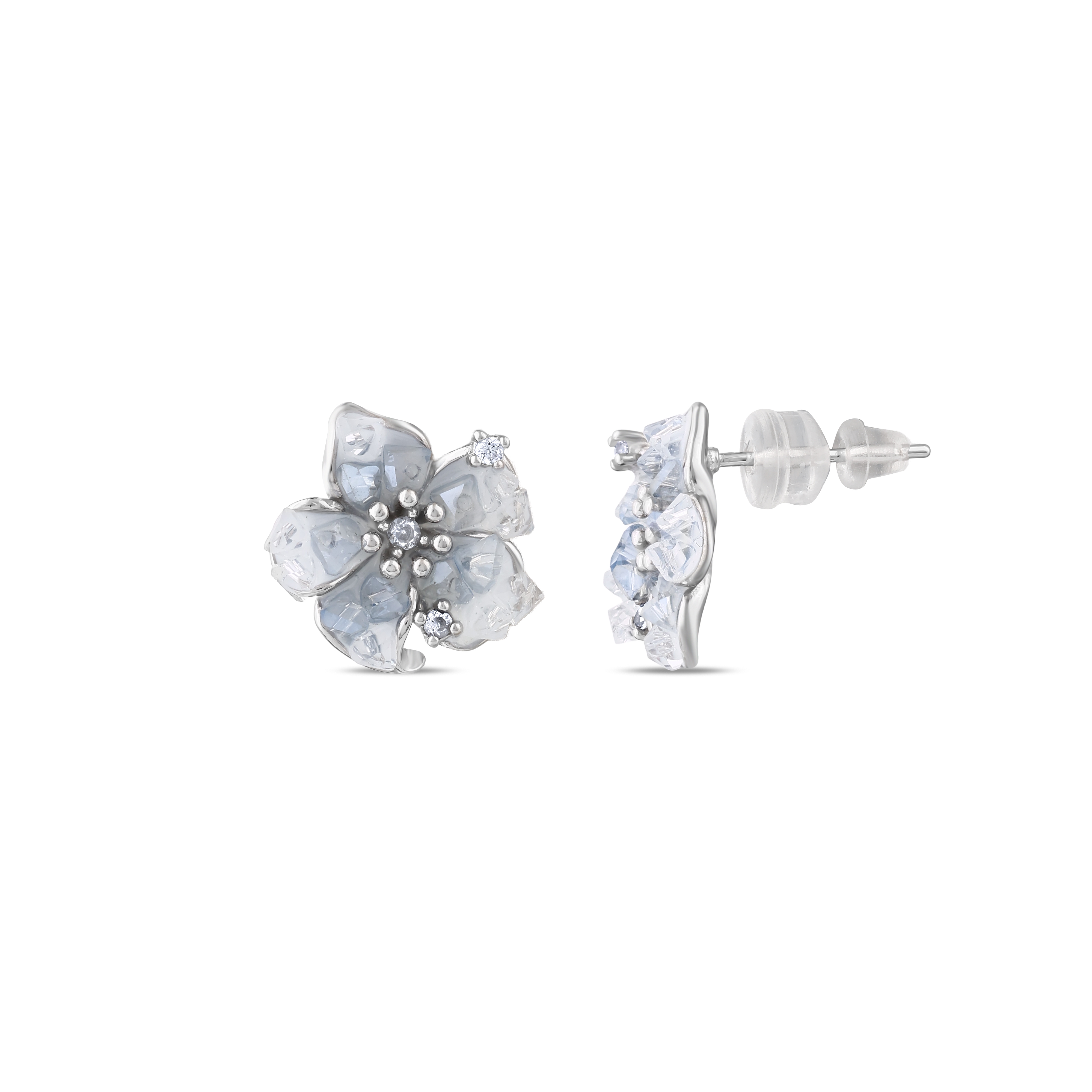 Серьги-гвоздики Gift Collection из серебра с текстурированным цветочным узором, ледяной синий