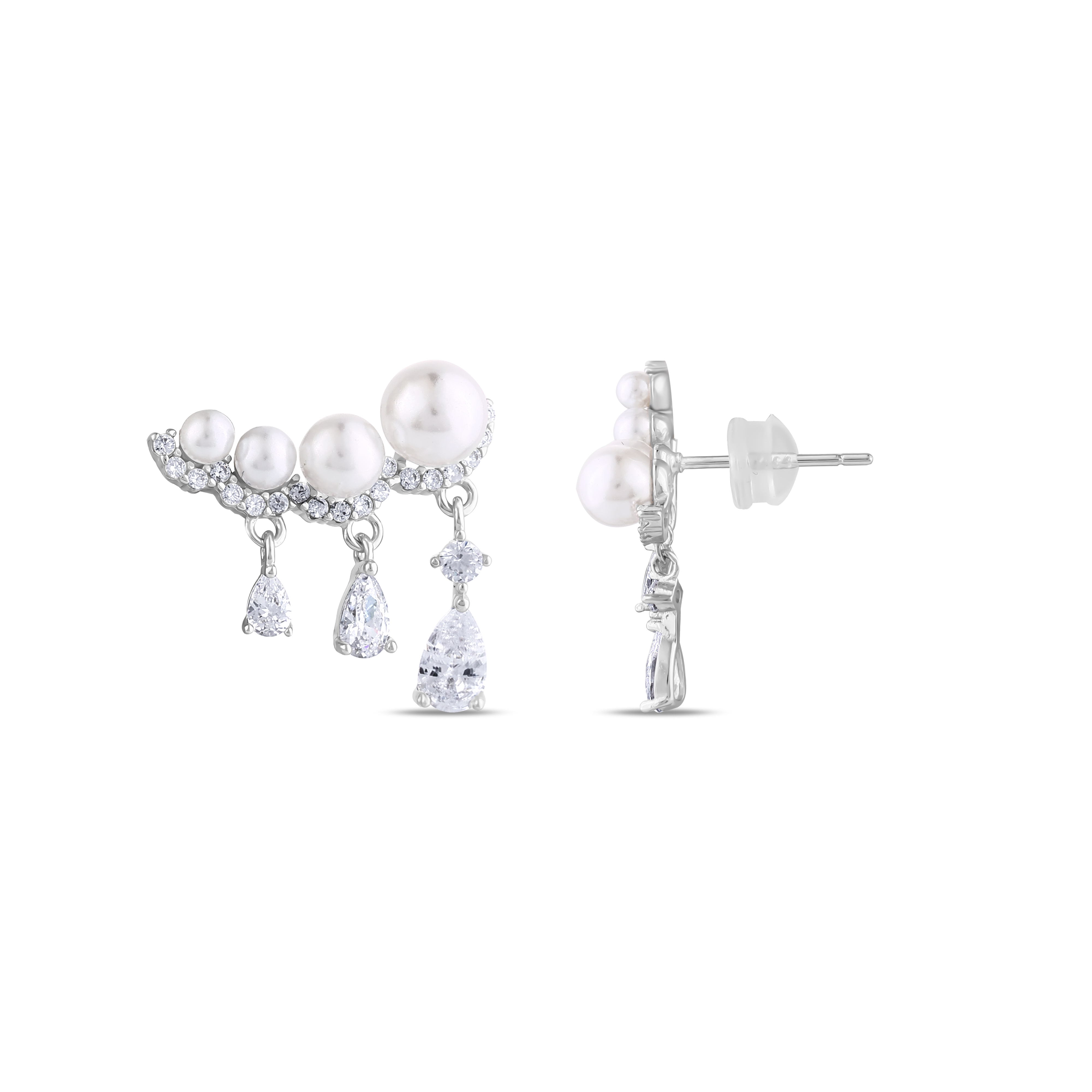 Изогнутые серебряные серьги-климберы Gift Collection с жемчугом и камнями в форме капли