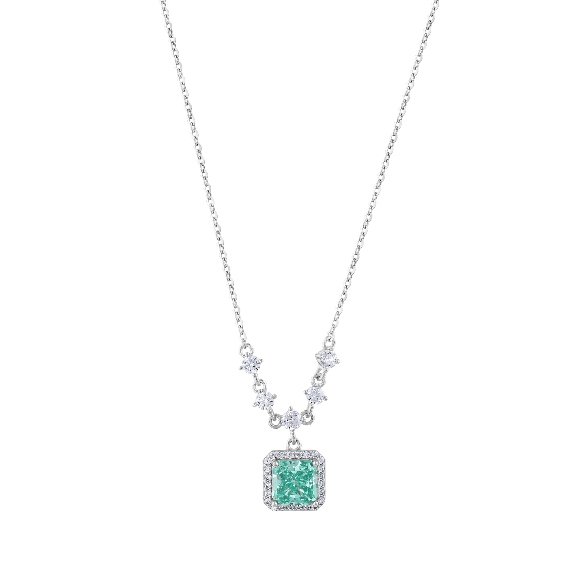Gift Collection Green Stone Square Cut Halo Frame Silver Women's Necklace