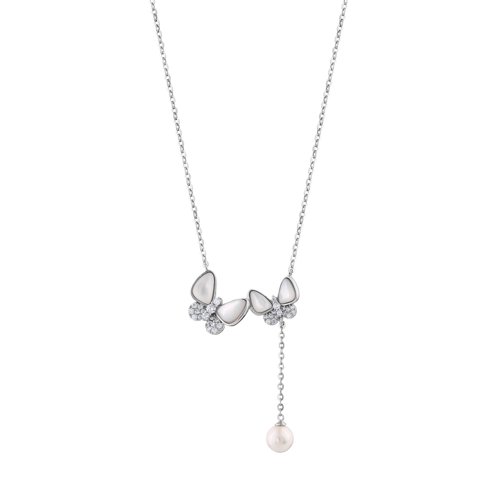 Серебряное Y-образное колье Gift Collection с перламутром и цирконием, двойная бабочка