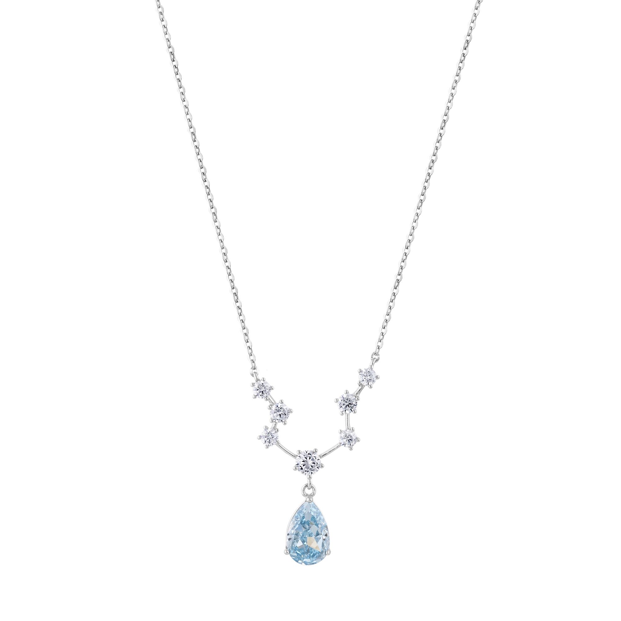 Женское серебряное колье Gift Collection с синим камнем в форме капли и V-образным рядом цирконов