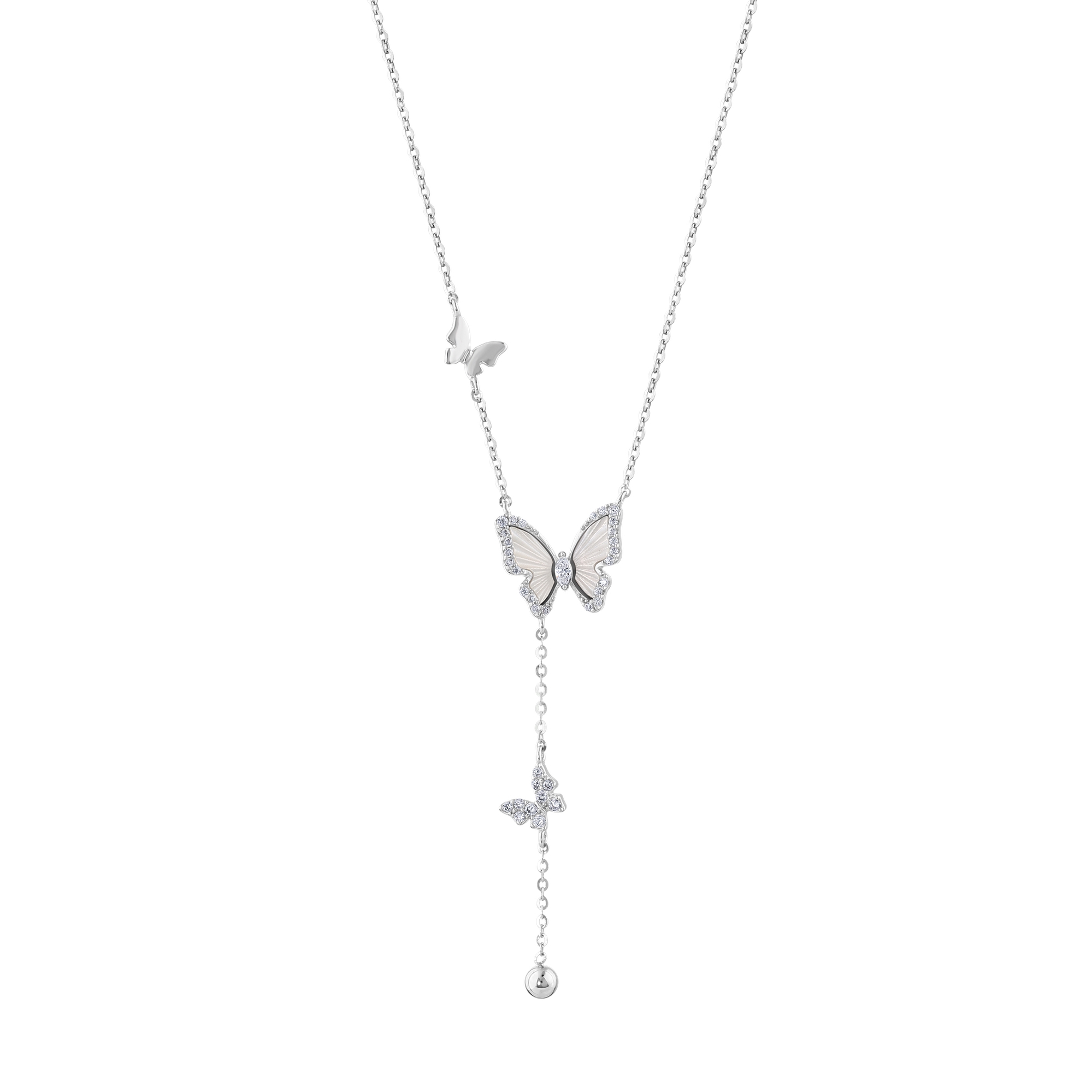Серебряное Y-образное колье Gift Collection с тремя бабочками из перламутра и цирконами