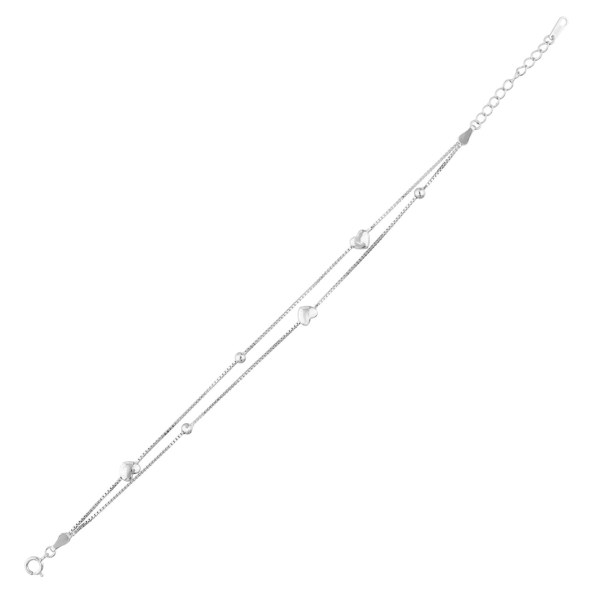 Gift Collection Double Row Domed Heart and Ball Detail Silver Chain Bracelet