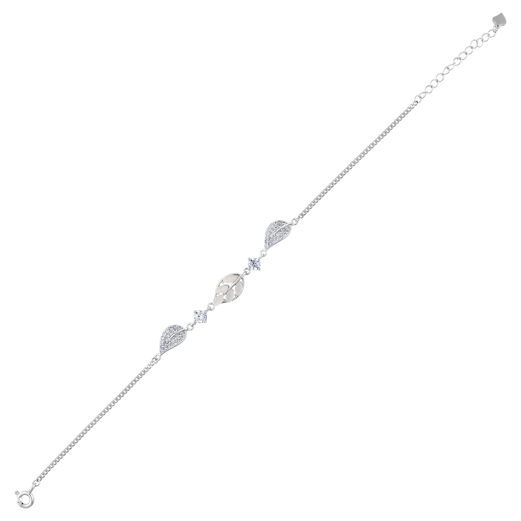 Gift Collection Triple Leaf Motif Zircon Stone Silver Chain Women's Bracelet