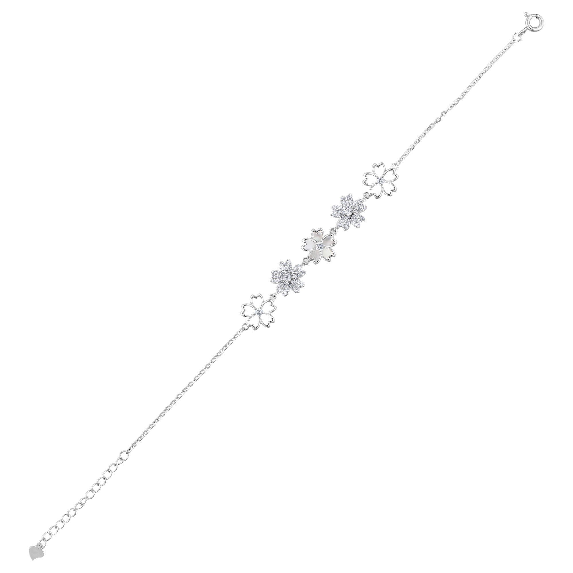 Gift Collection Five Sakura Flower Motif Zircon Stone Silver Chain Women's Bracelet