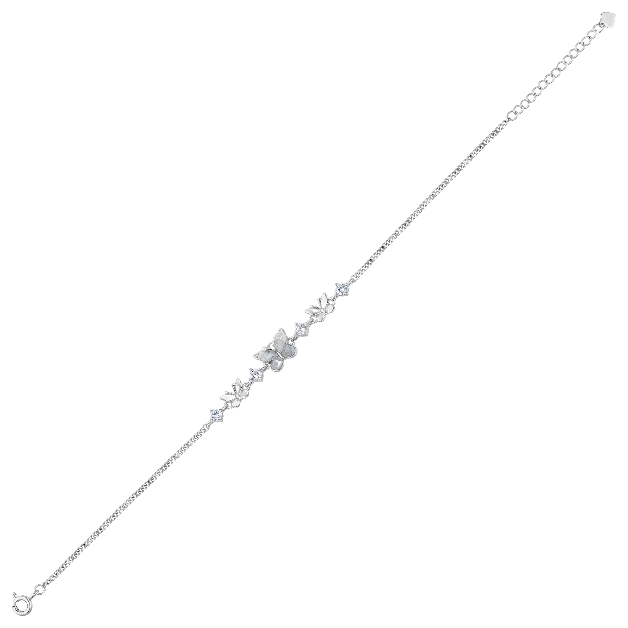 Gift Collection Mother-of-Pearl Triple Butterfly Motif Zircon Stone Silver Chain Bracelet