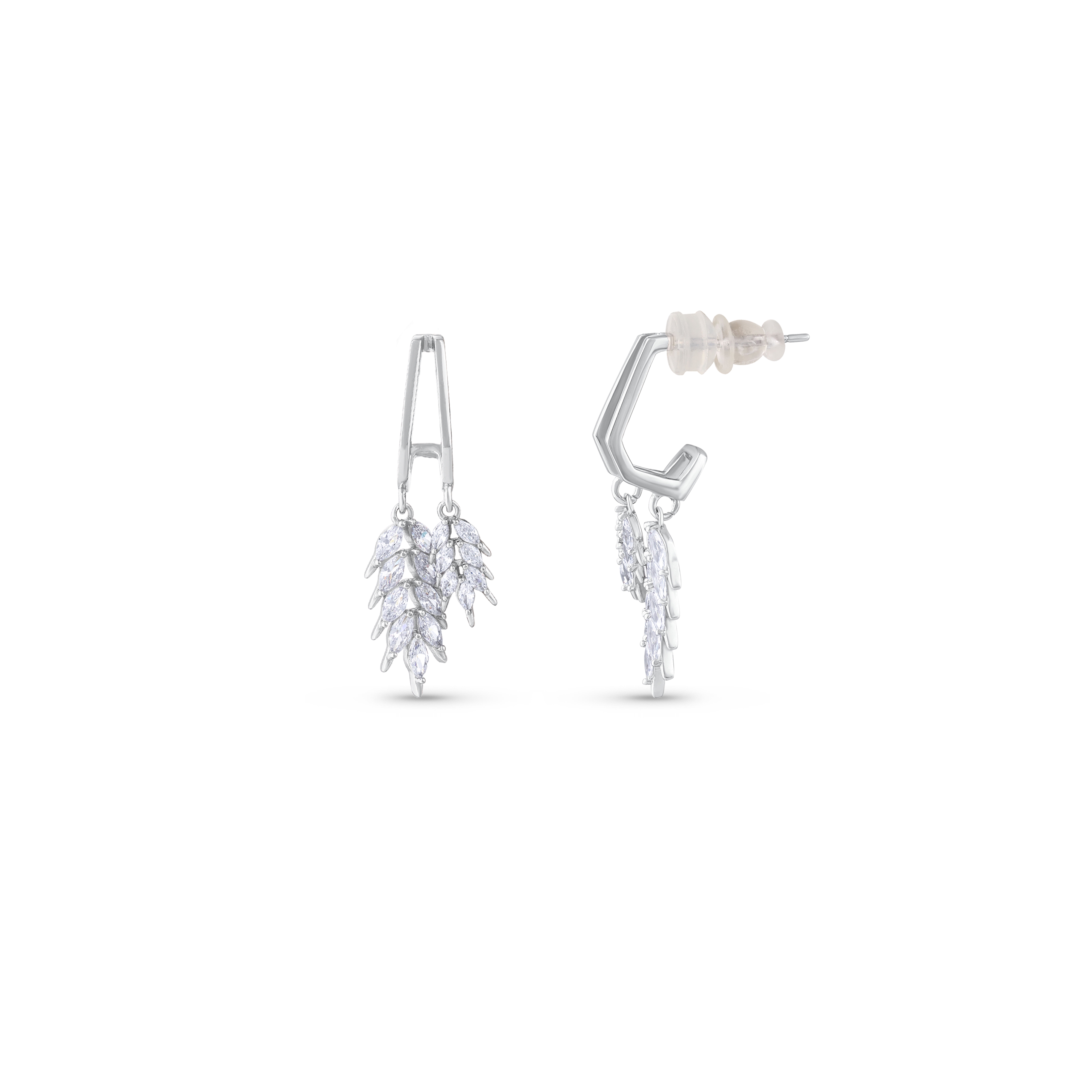 Серебряные серьги Gift Collection с подвесками в виде геометрических колосьев пшеницы и камнями огранки «маркиз»