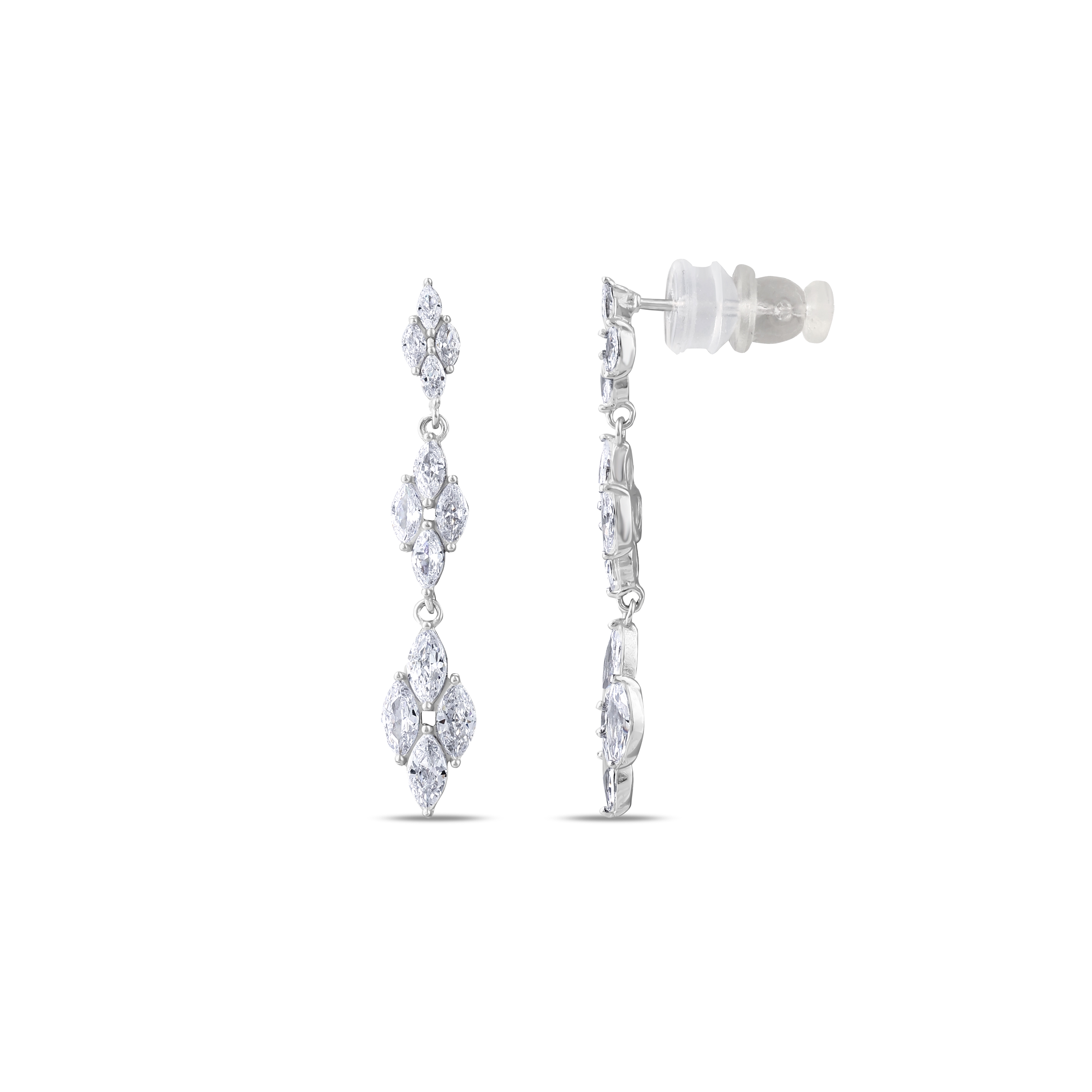 Gift Collection Marquise Cut Stone Three-Tier Dangle Silver Earrings