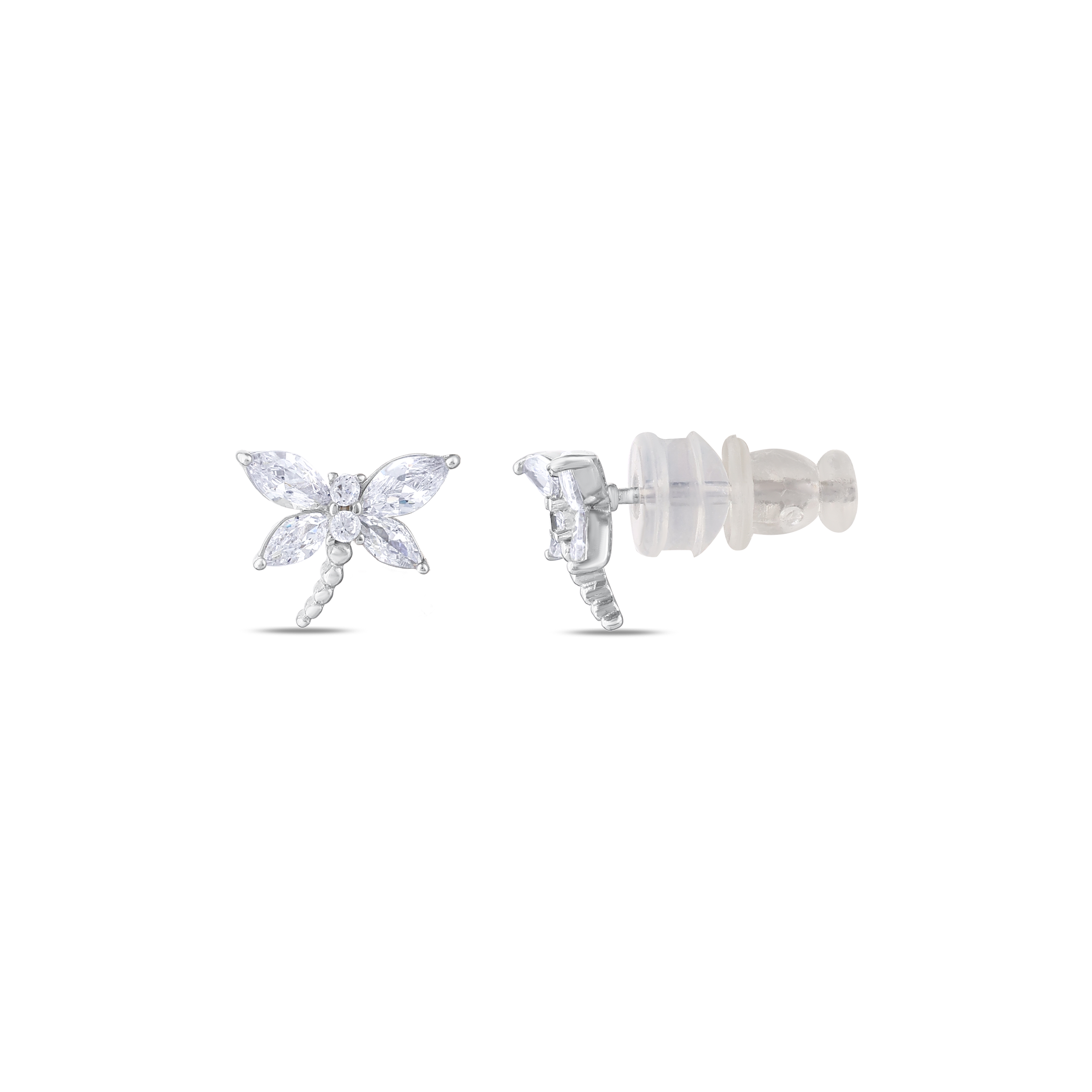 Gift Collection Marquise Cut Stone Dragonfly Figure Stud Silver Earring