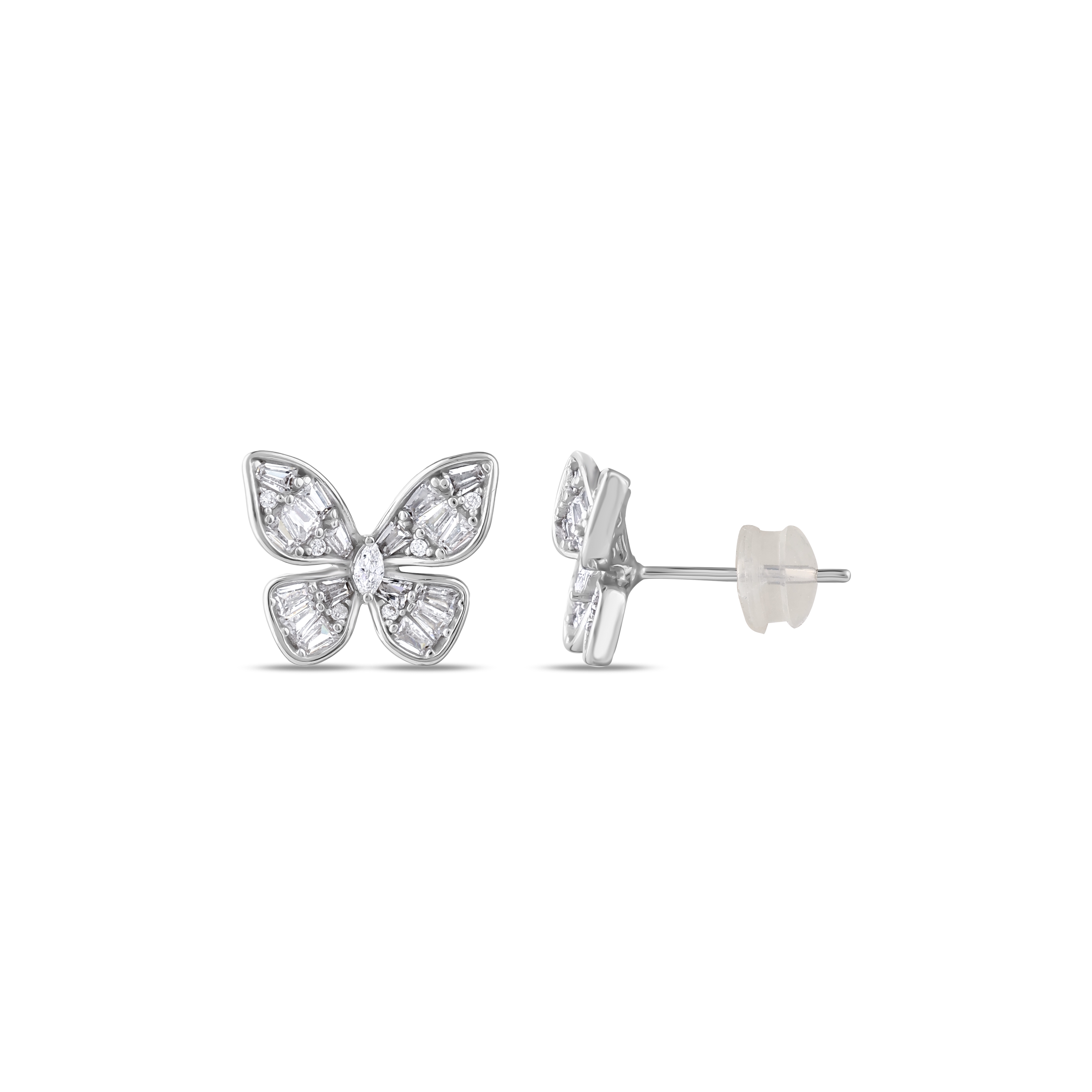 Gift Collection Baguette Cut Stone Butterfly Figure Silver Stud Earrings