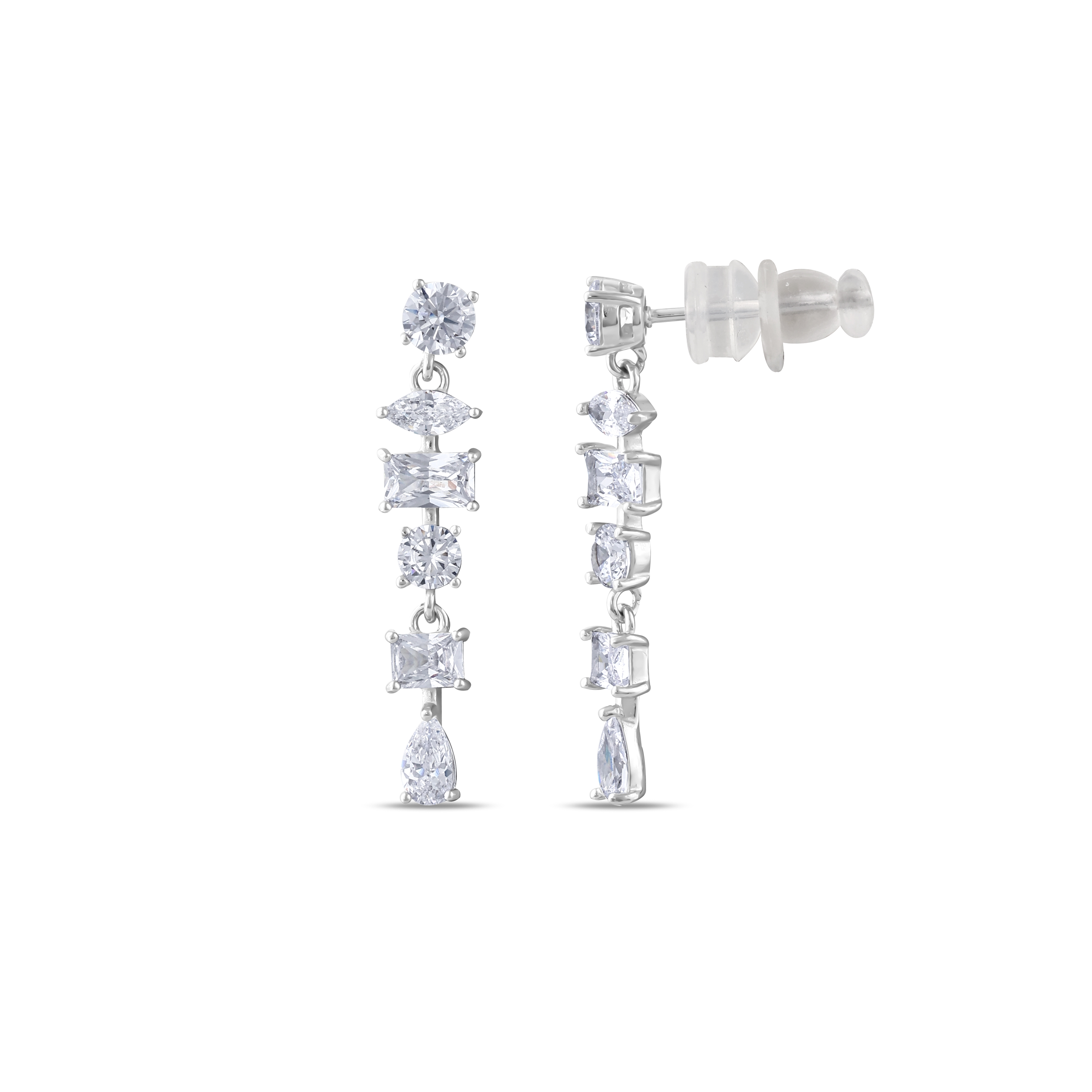Серьги из серебра Gift Collection с круглыми и багетными цирконами, вертикальный дизайн