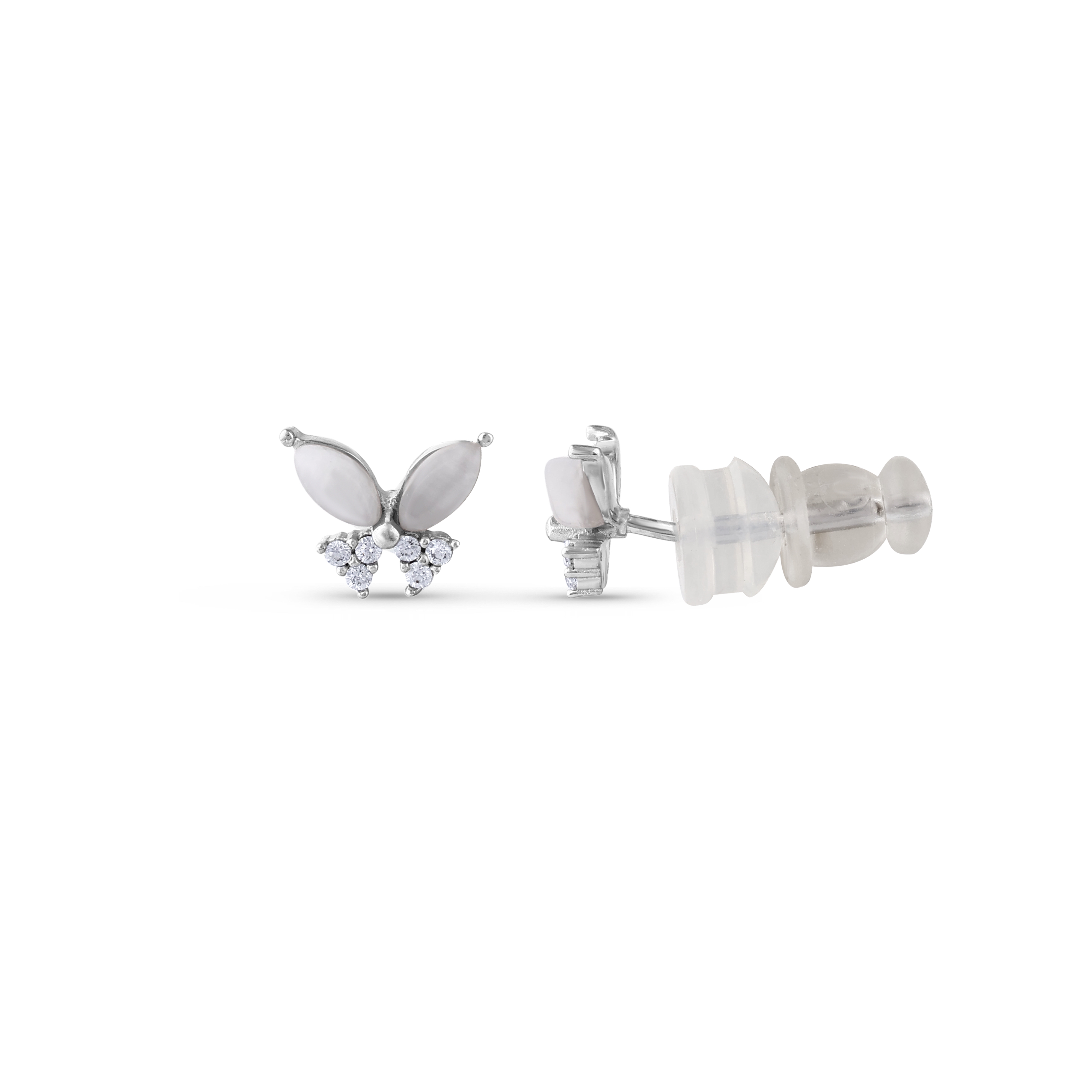 Gift Collection White Mother-of-Pearl and Zircon Butterfly Stud Silver Earrings