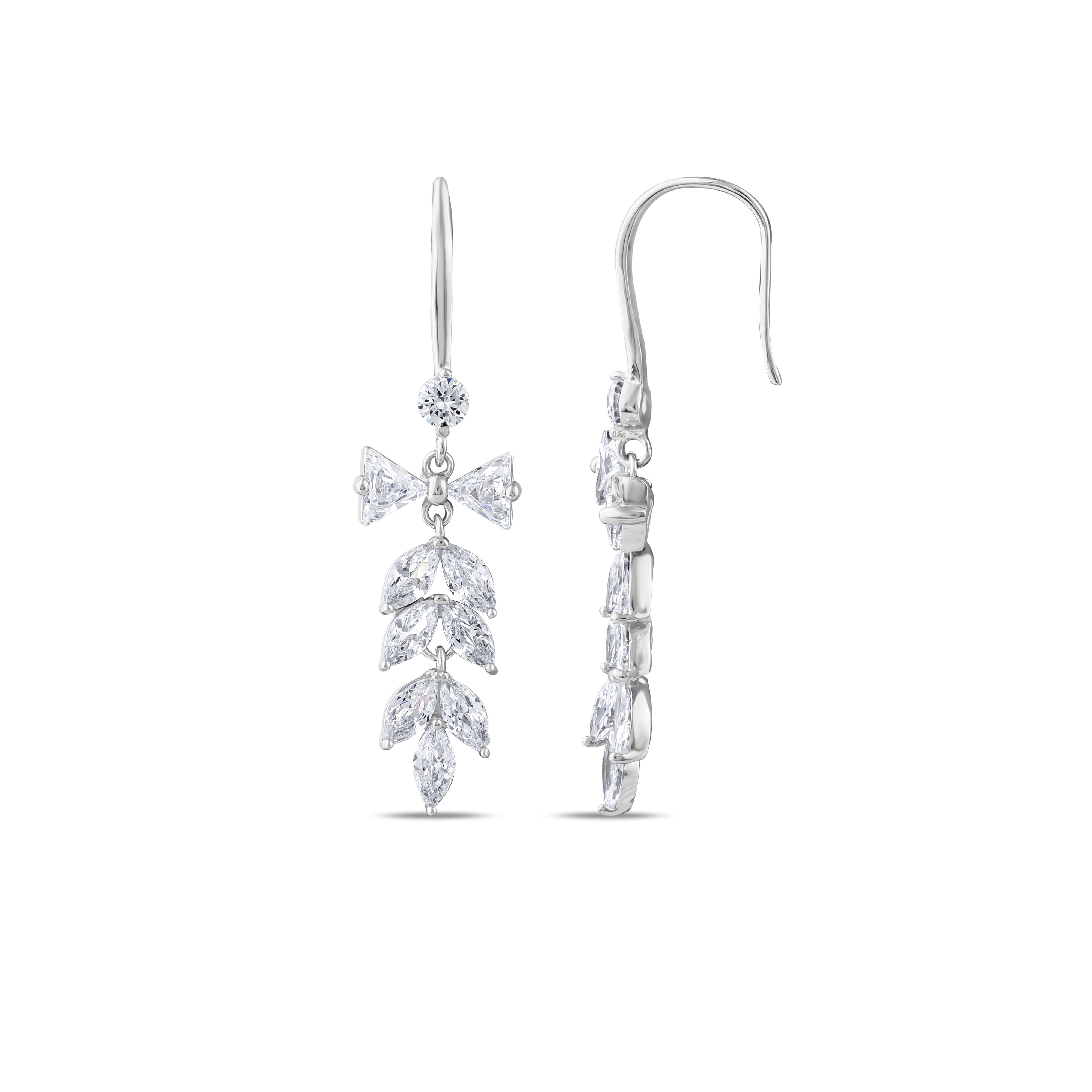 Gift Collection White Stone Bow and Leaf Motif Dangle Silver Hook
